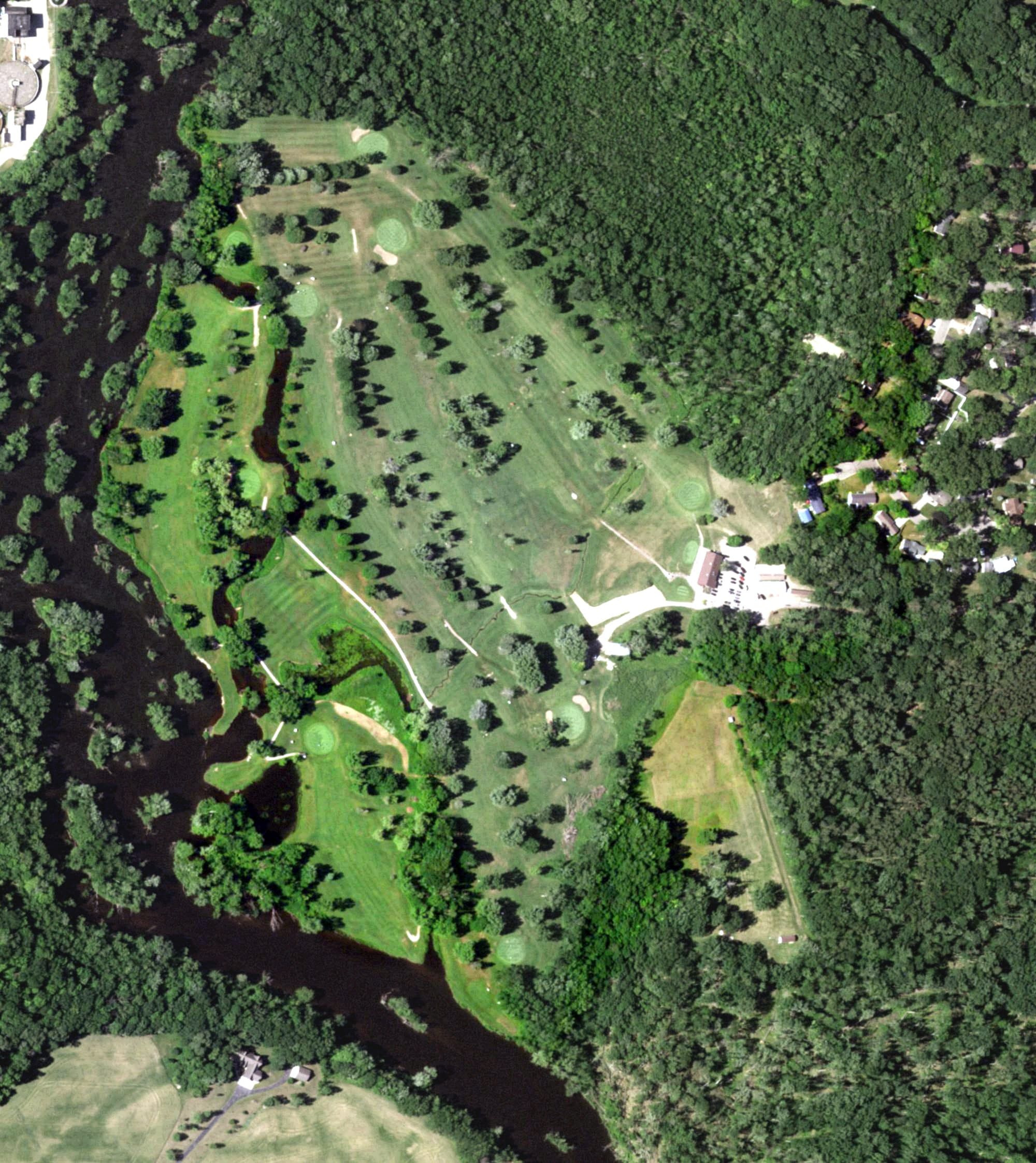 Aerial view of River Island Golf Course, WI, with its hole routing marked