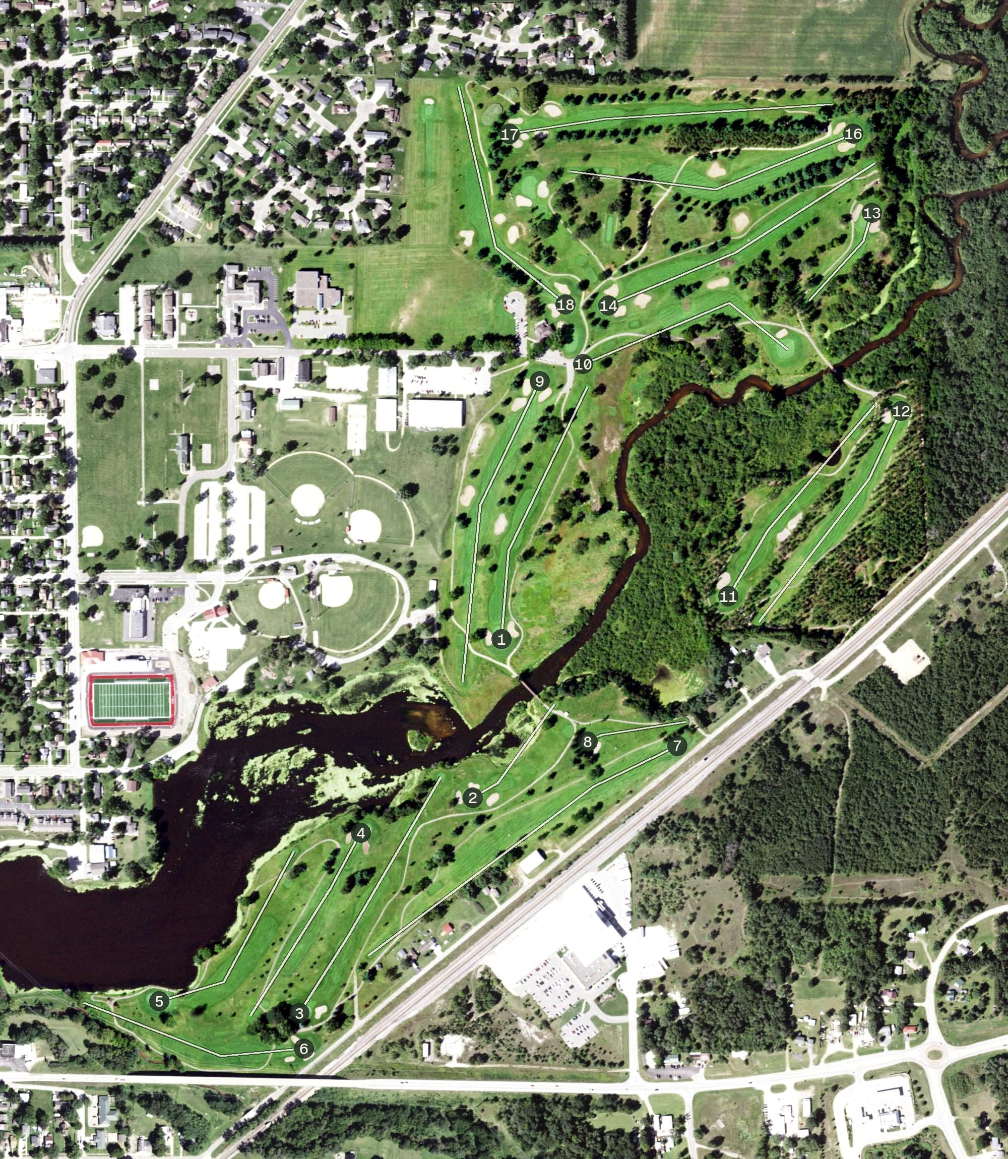 Aerial view of River Run Golf Course, WI, with its hole routing marked