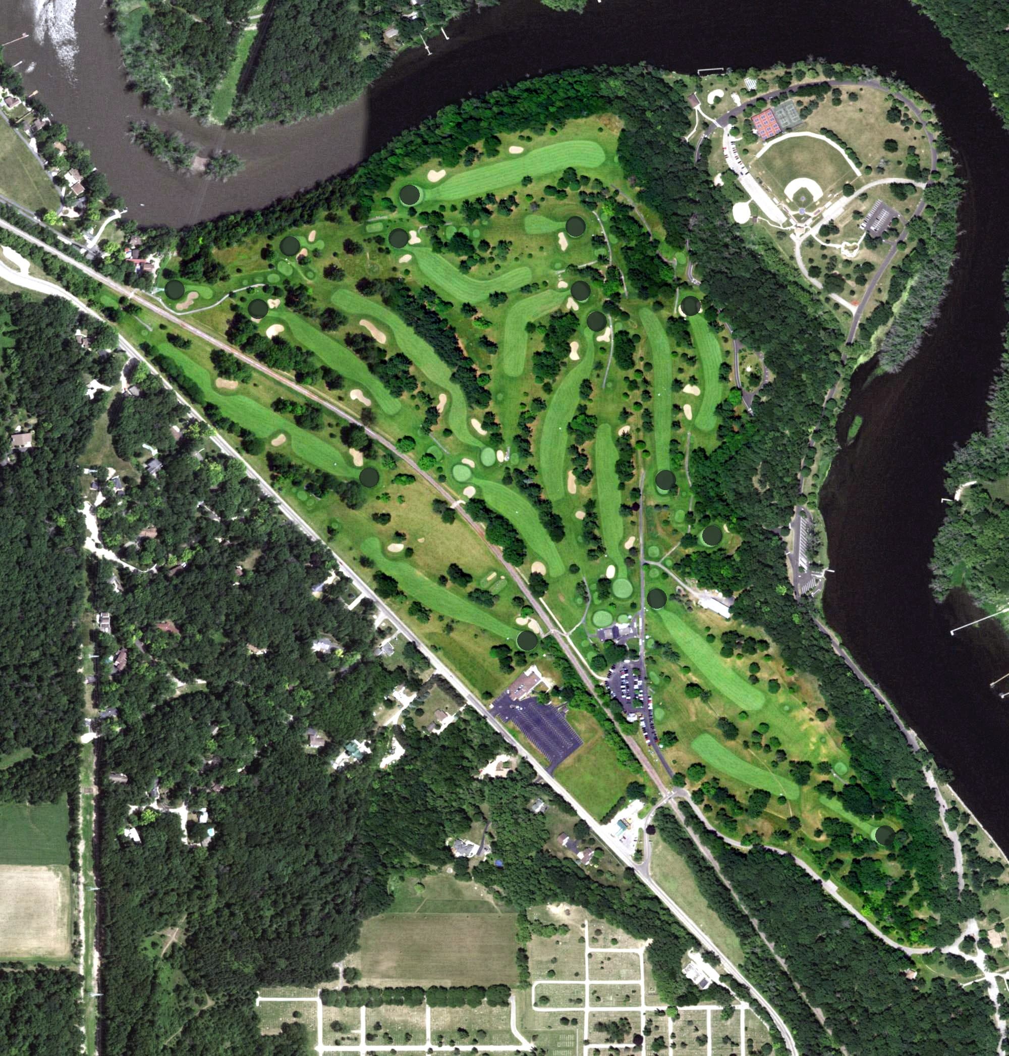 Aerial view of Riverside Golf Course, WI, with its hole routing marked