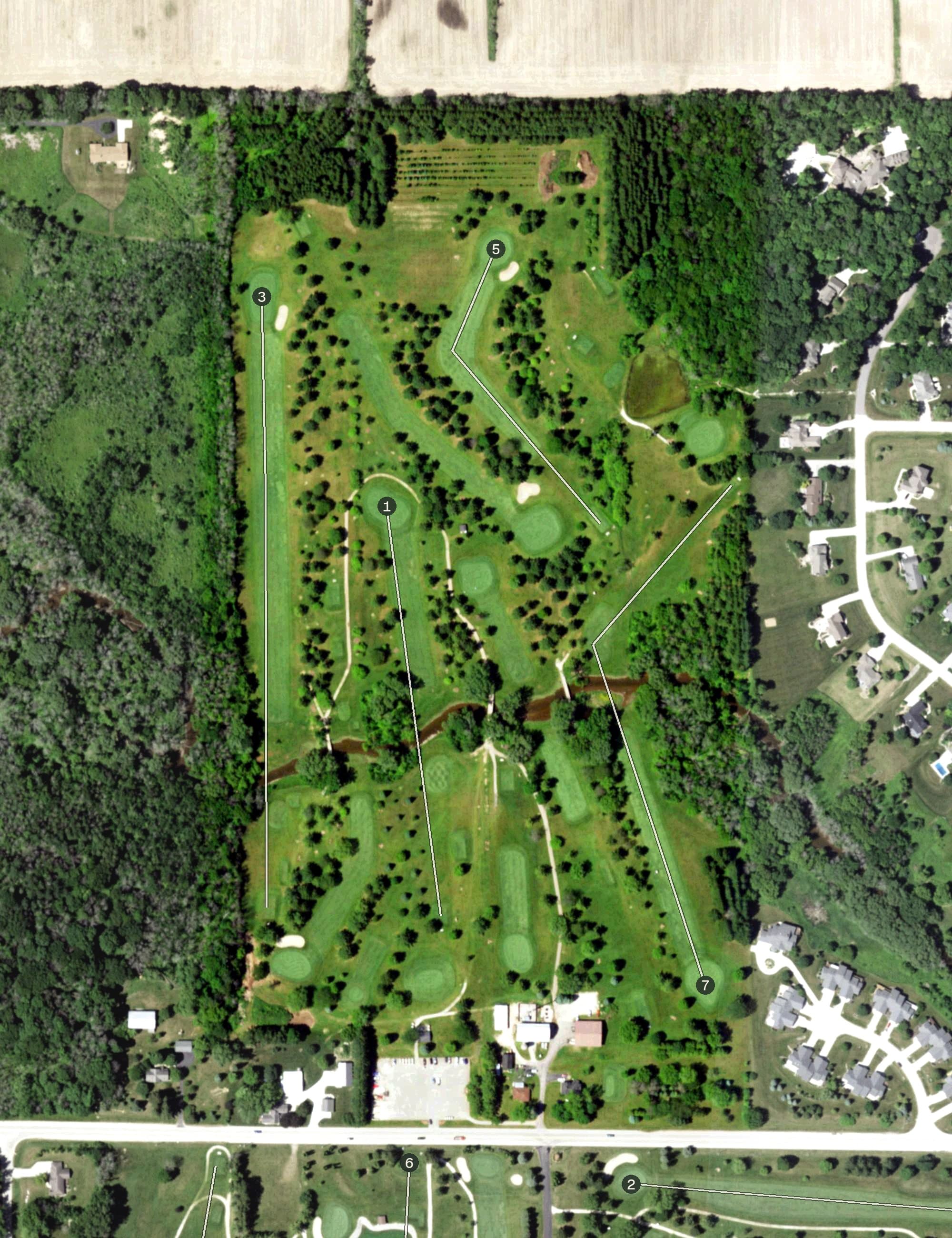 Aerial view of Riverwoods, WI, with its hole routing marked