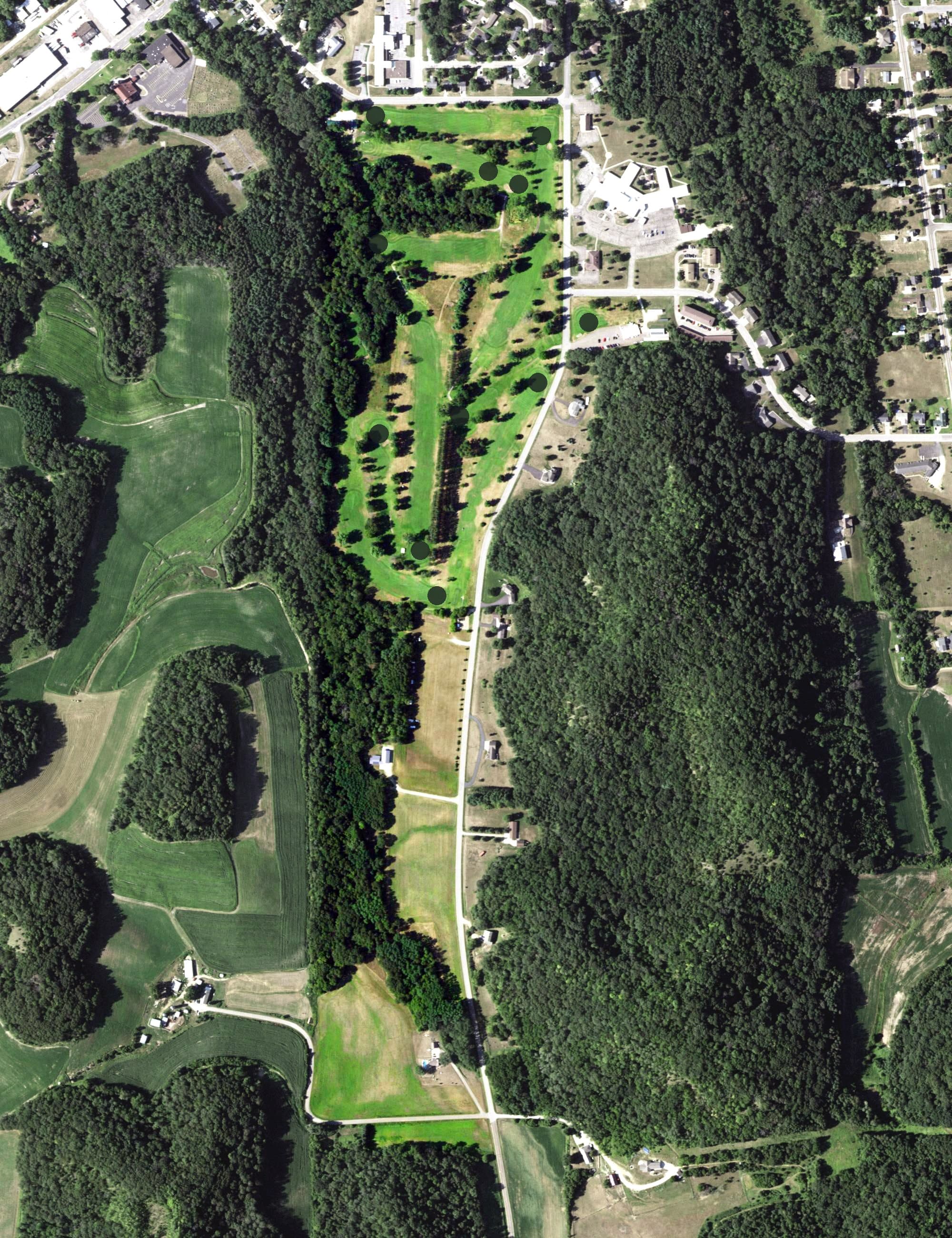 Aerial view of Rolling Greens Golf Course, WI, with its hole routing marked