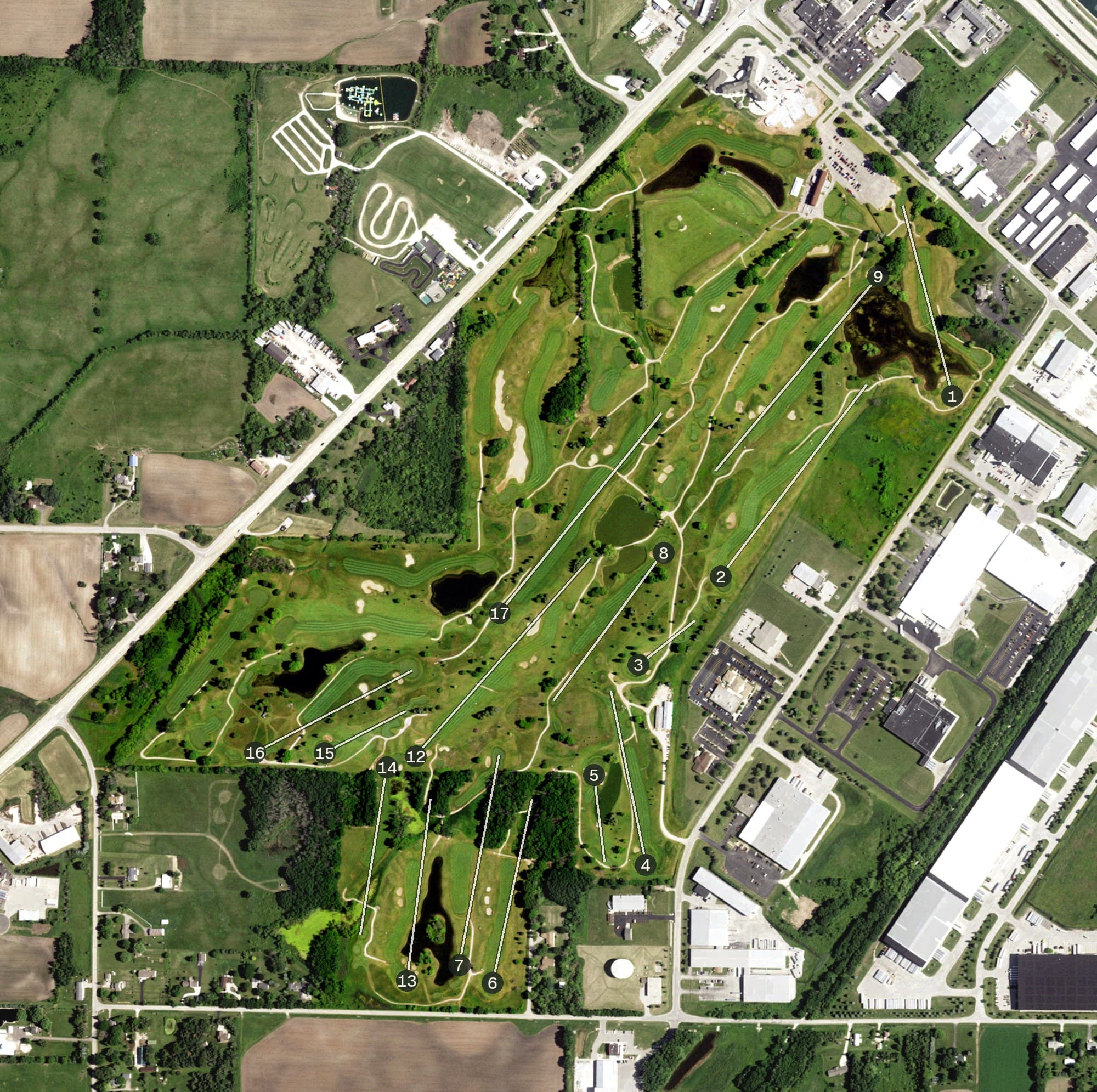 Aerial view of Rolling Meadows Golf Course, WI, with its hole routing marked