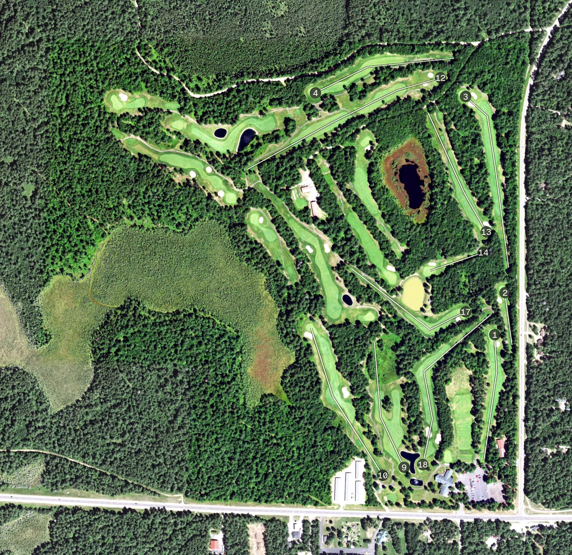 Aerial view of Saint Germain Golf Club, WI, with its hole routing marked