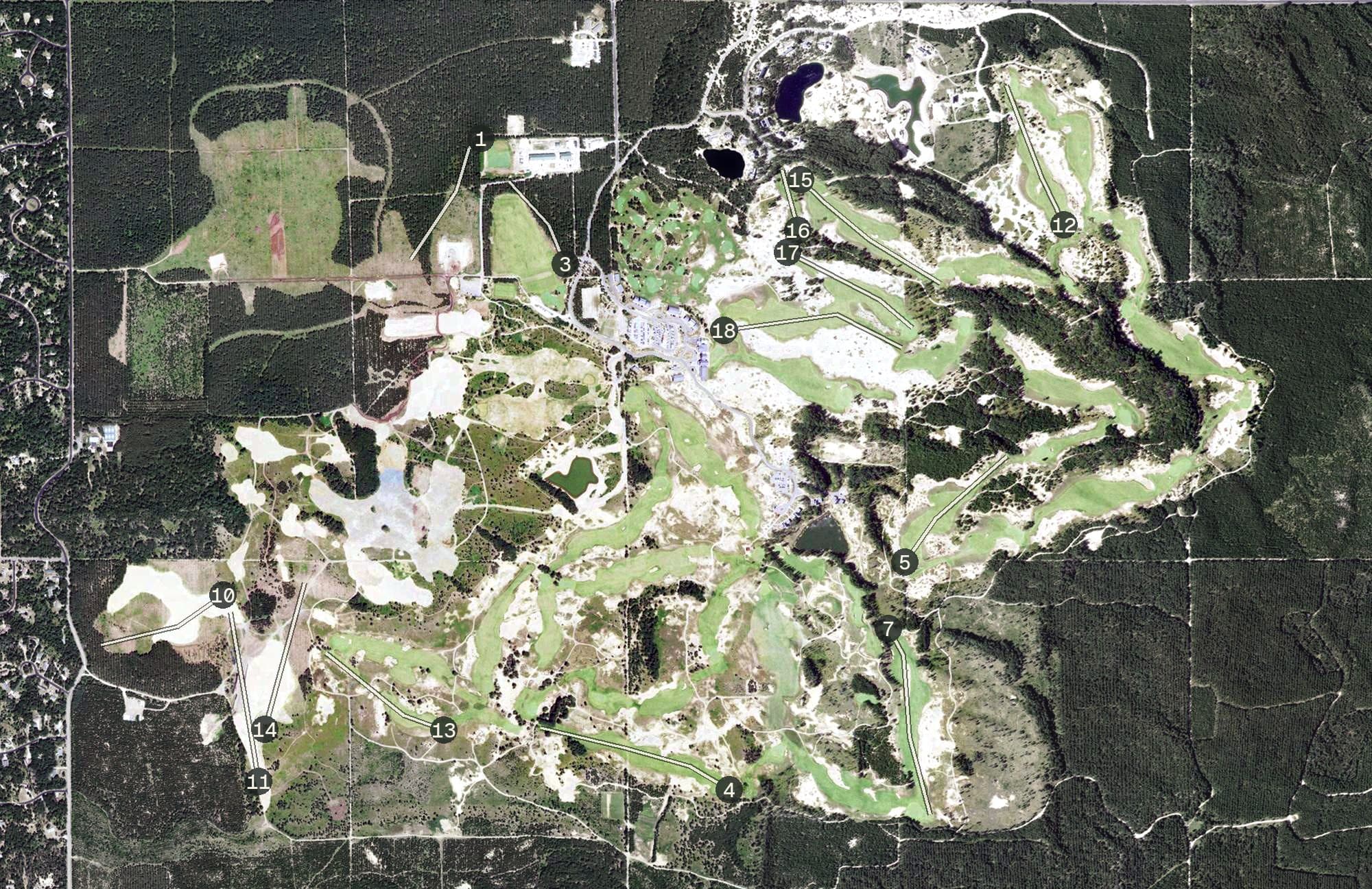Aerial view of Sand Valley Golf Resort, WI, with its hole routing marked