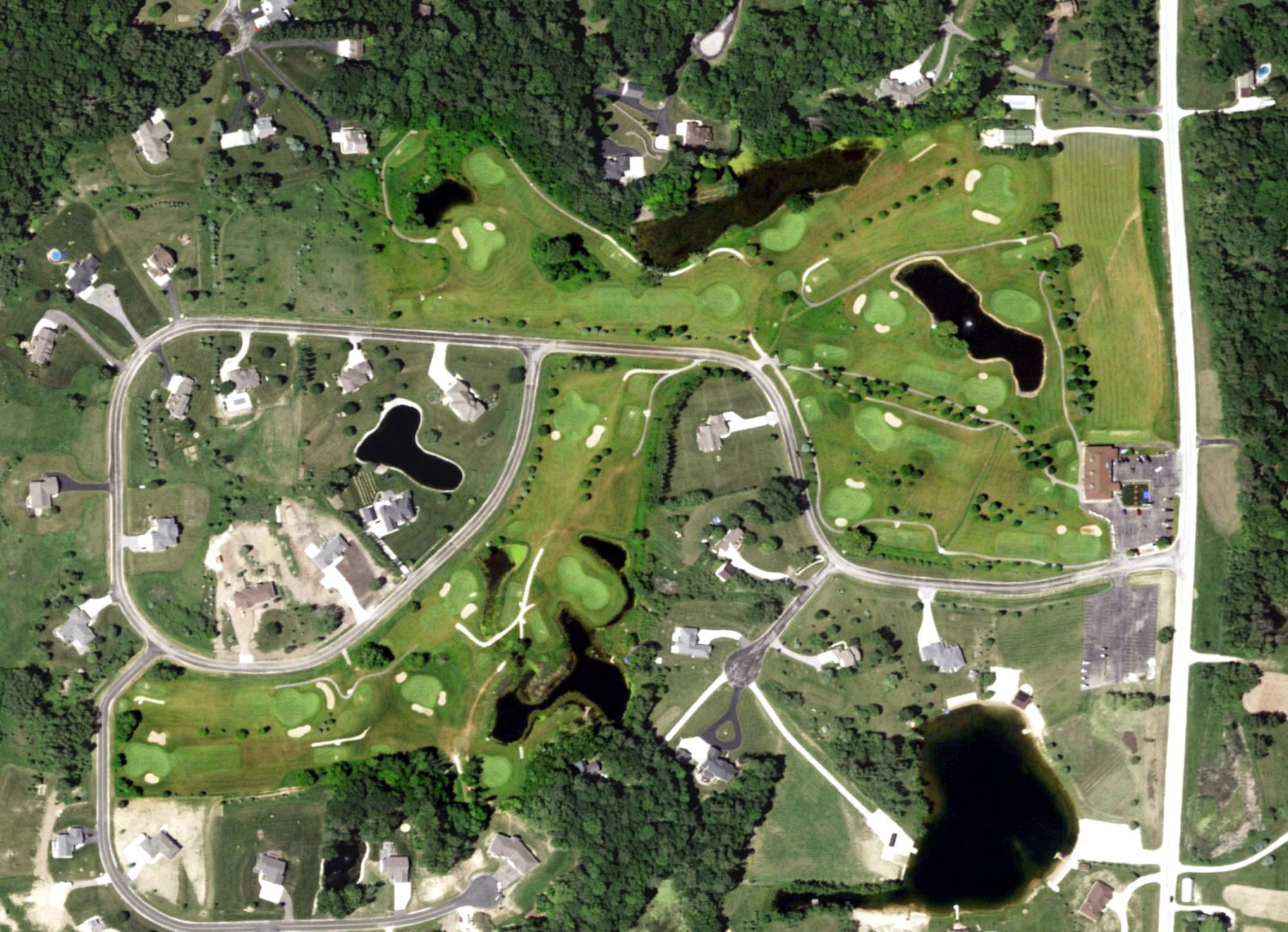 Aerial view of Seven Lakes Golf Course, WI, with its hole routing marked