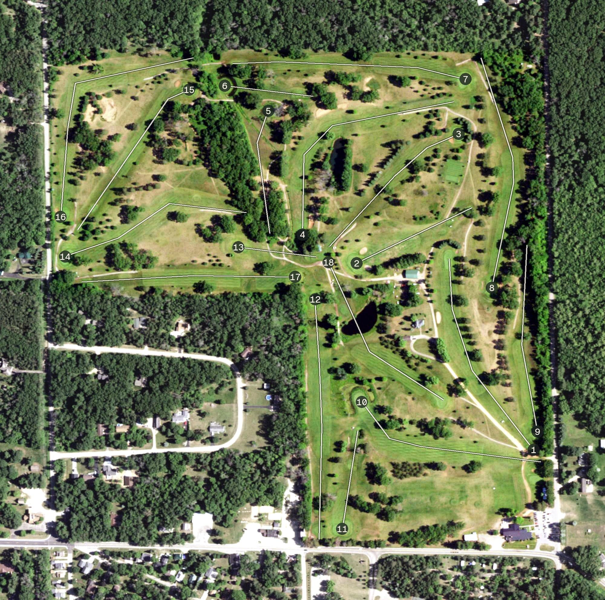 Aerial view of Shawano Lake Golf Course, WI, with its hole routing marked