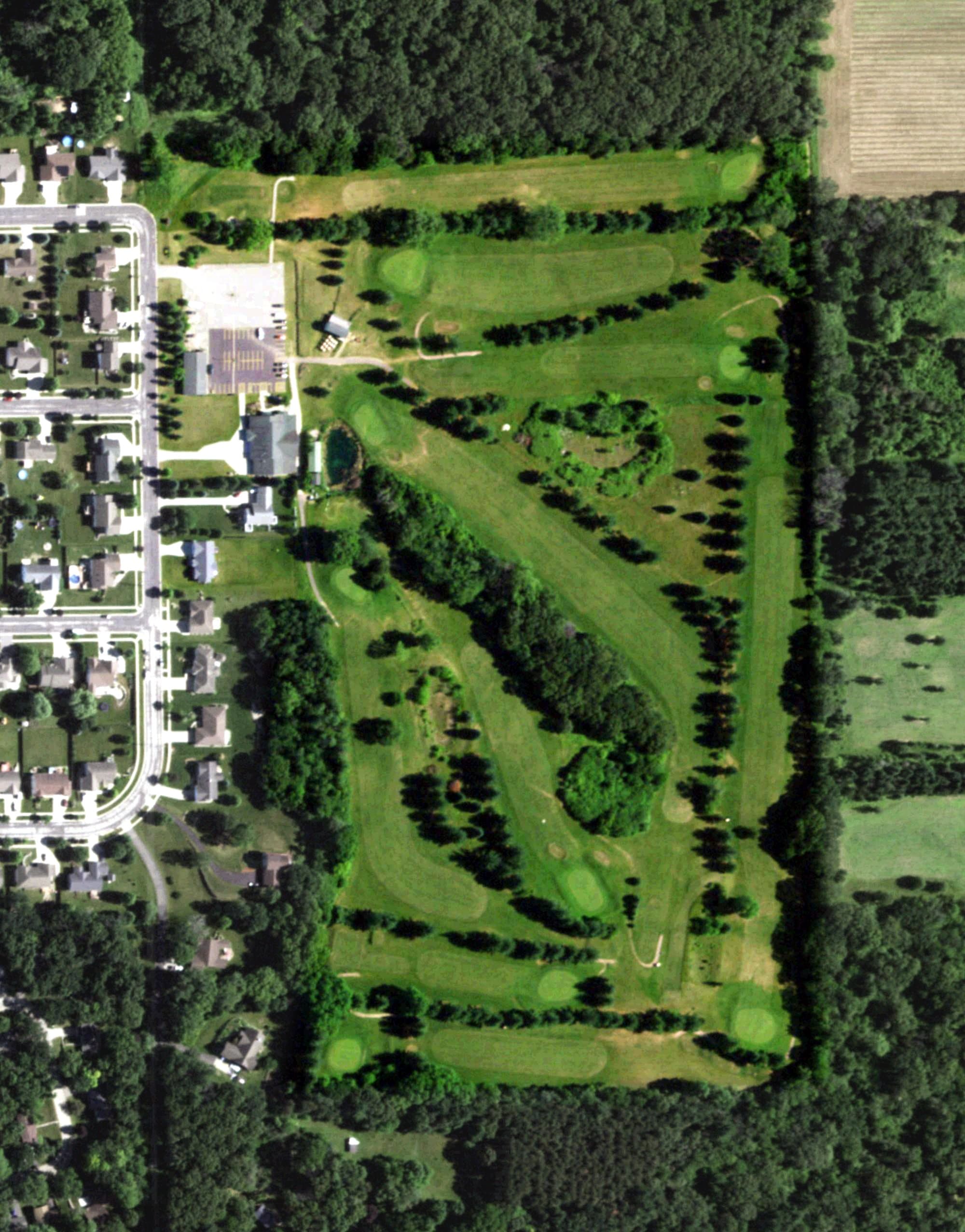 Aerial view of Shepherds Meadow Golf Course, WI, with its hole routing marked