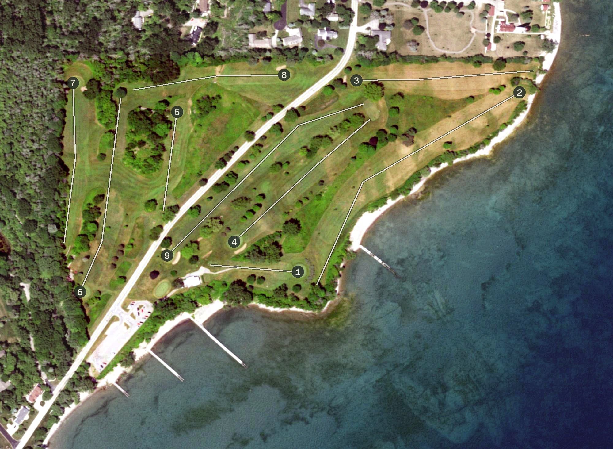 Aerial view of Shoop Park, WI, with its hole routing marked
