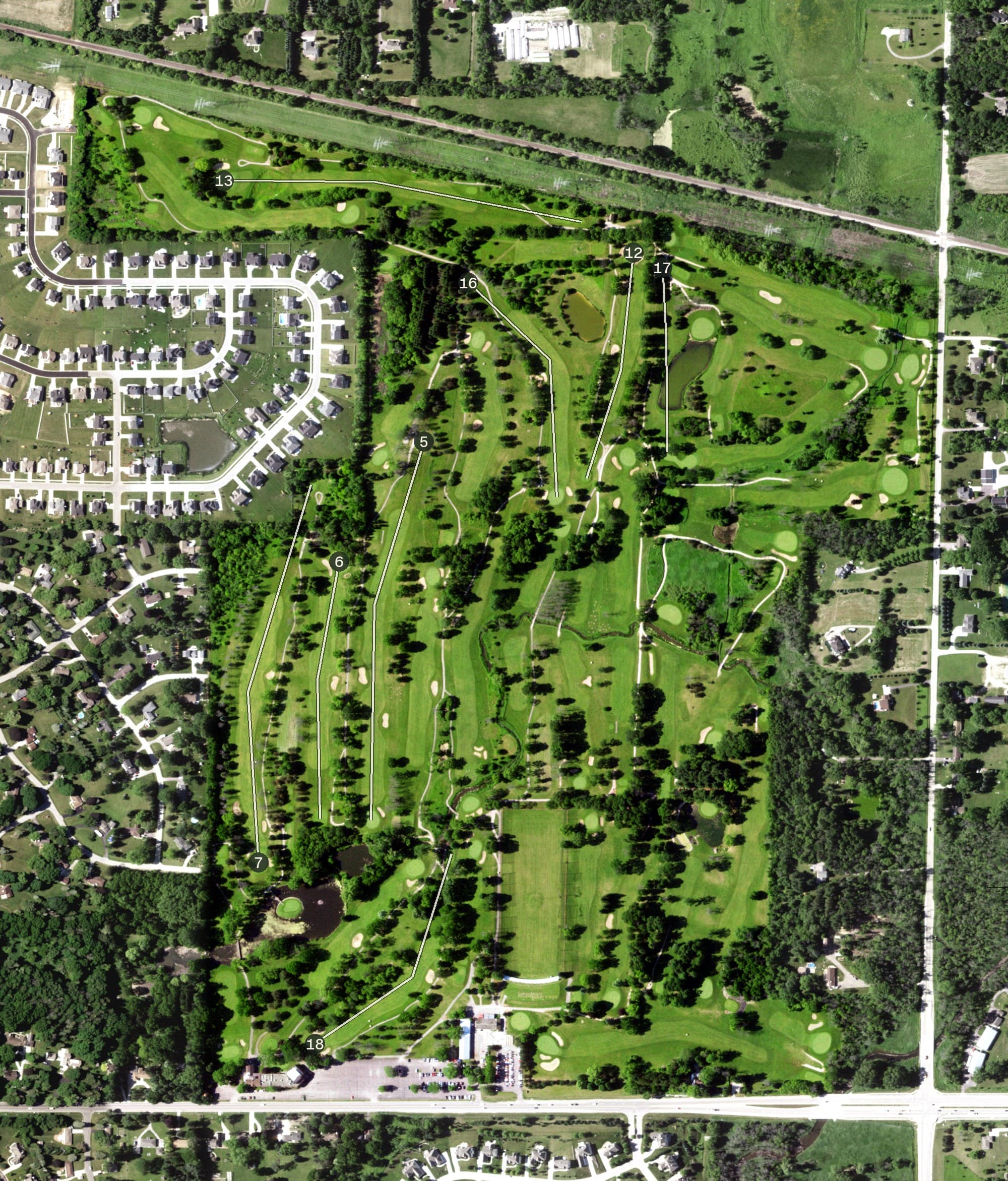 Aerial view of Silver Spring Golf Club, WI, with its hole routing marked