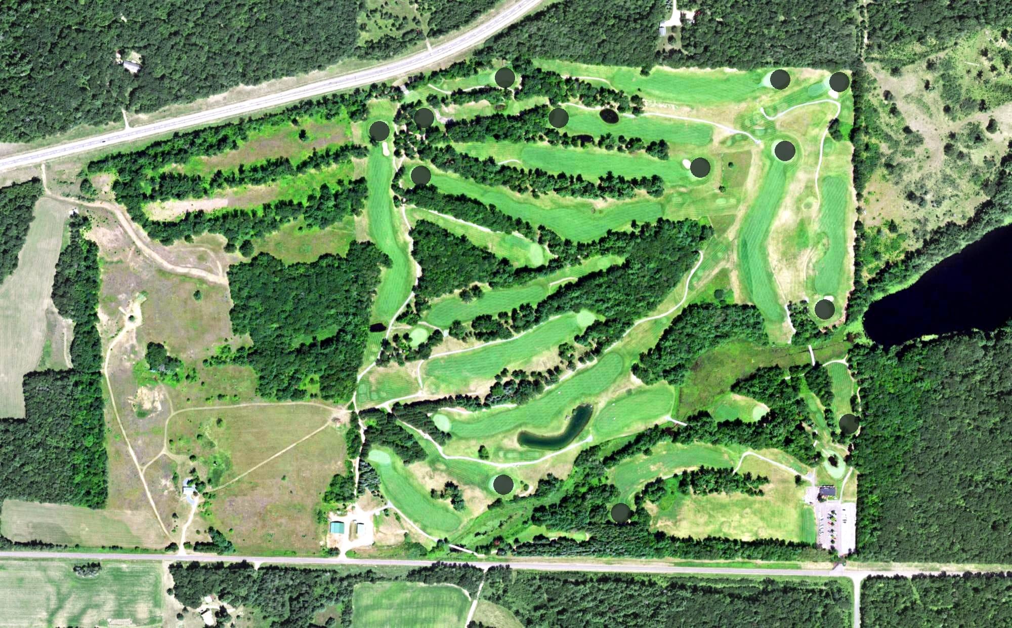 Aerial view of Siren National Golf Club, WI, with its hole routing marked