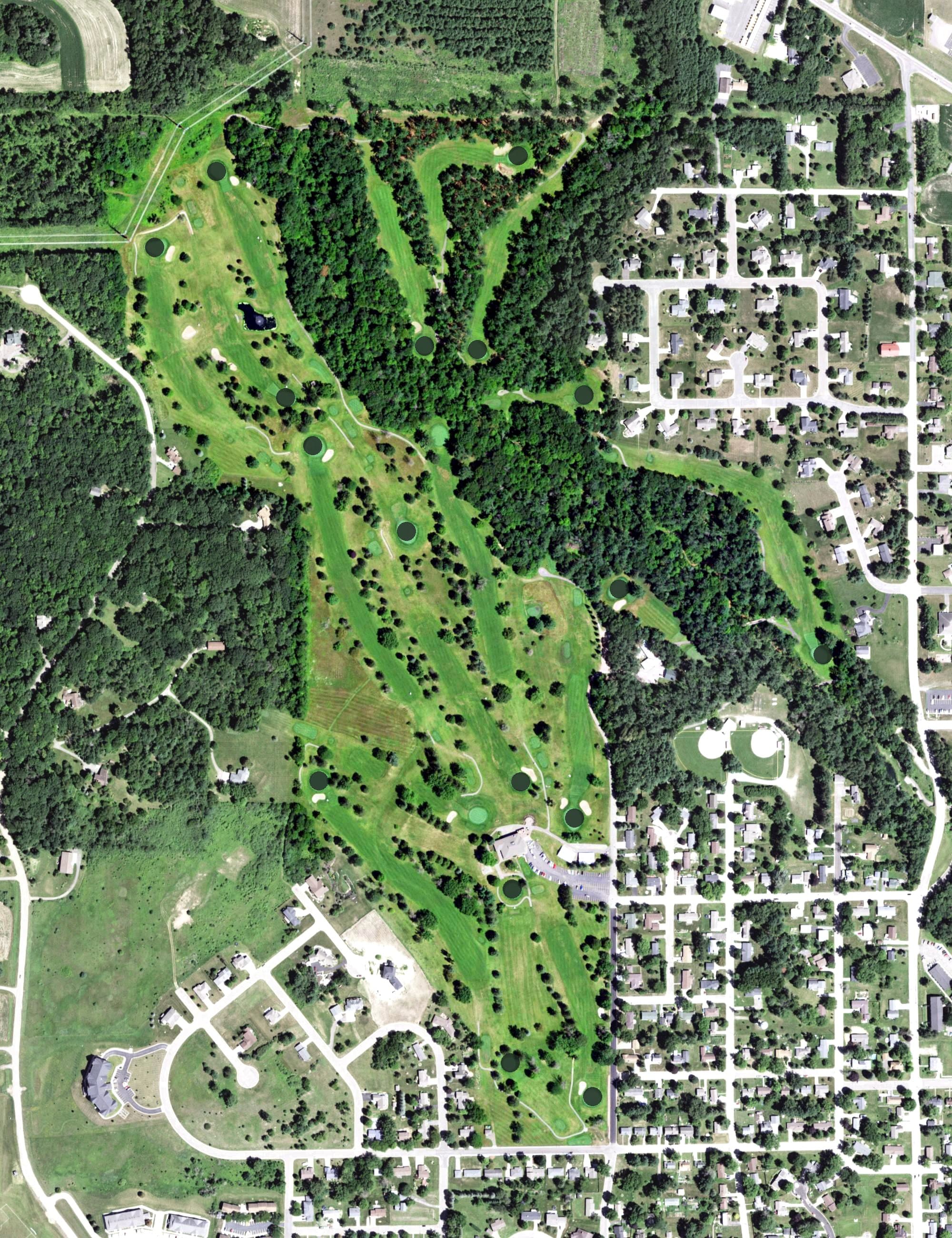 Aerial view of Skyline Golf Course, WI, with its hole routing marked