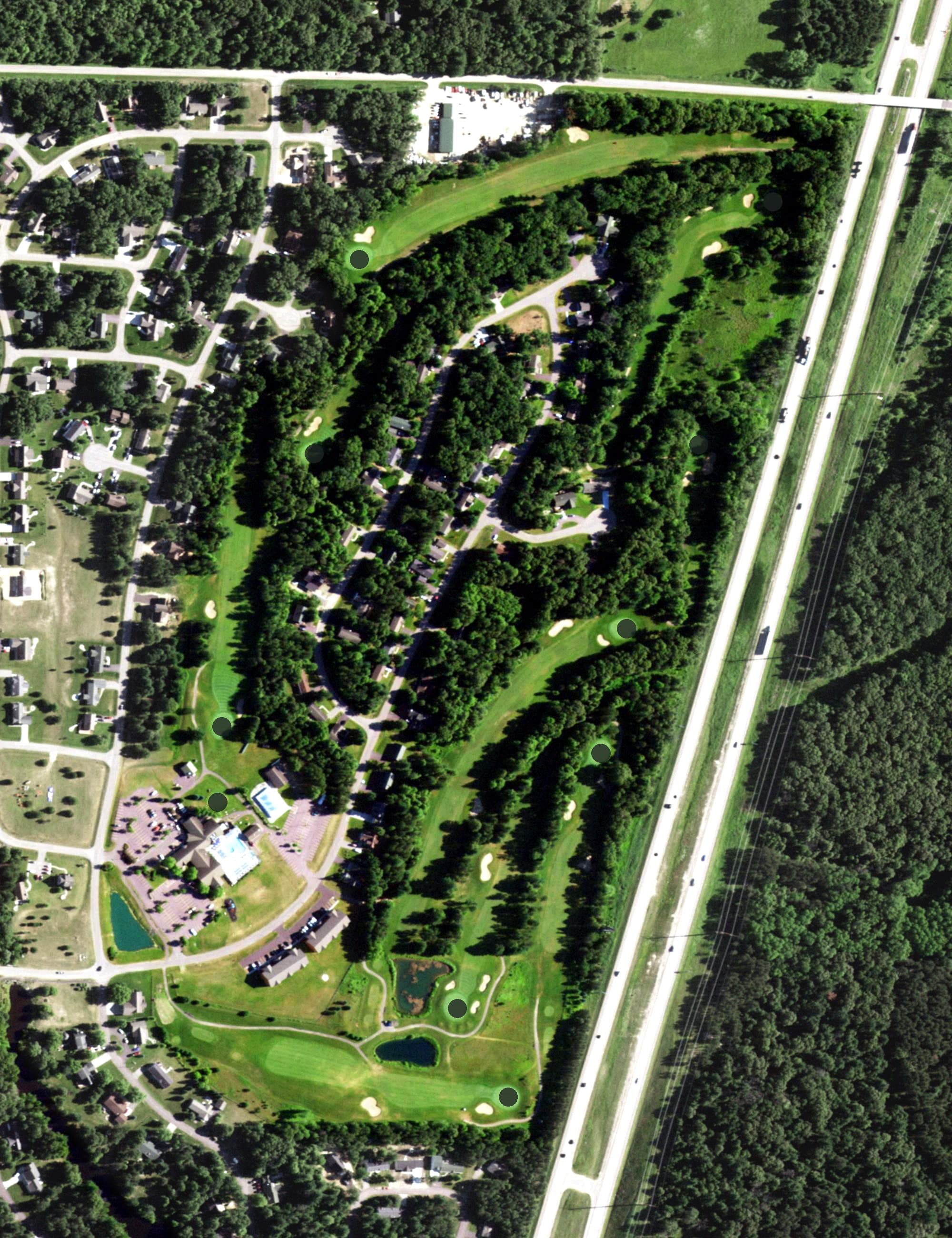 Aerial view of Spring Brook Golf Course, WI, with its hole routing marked