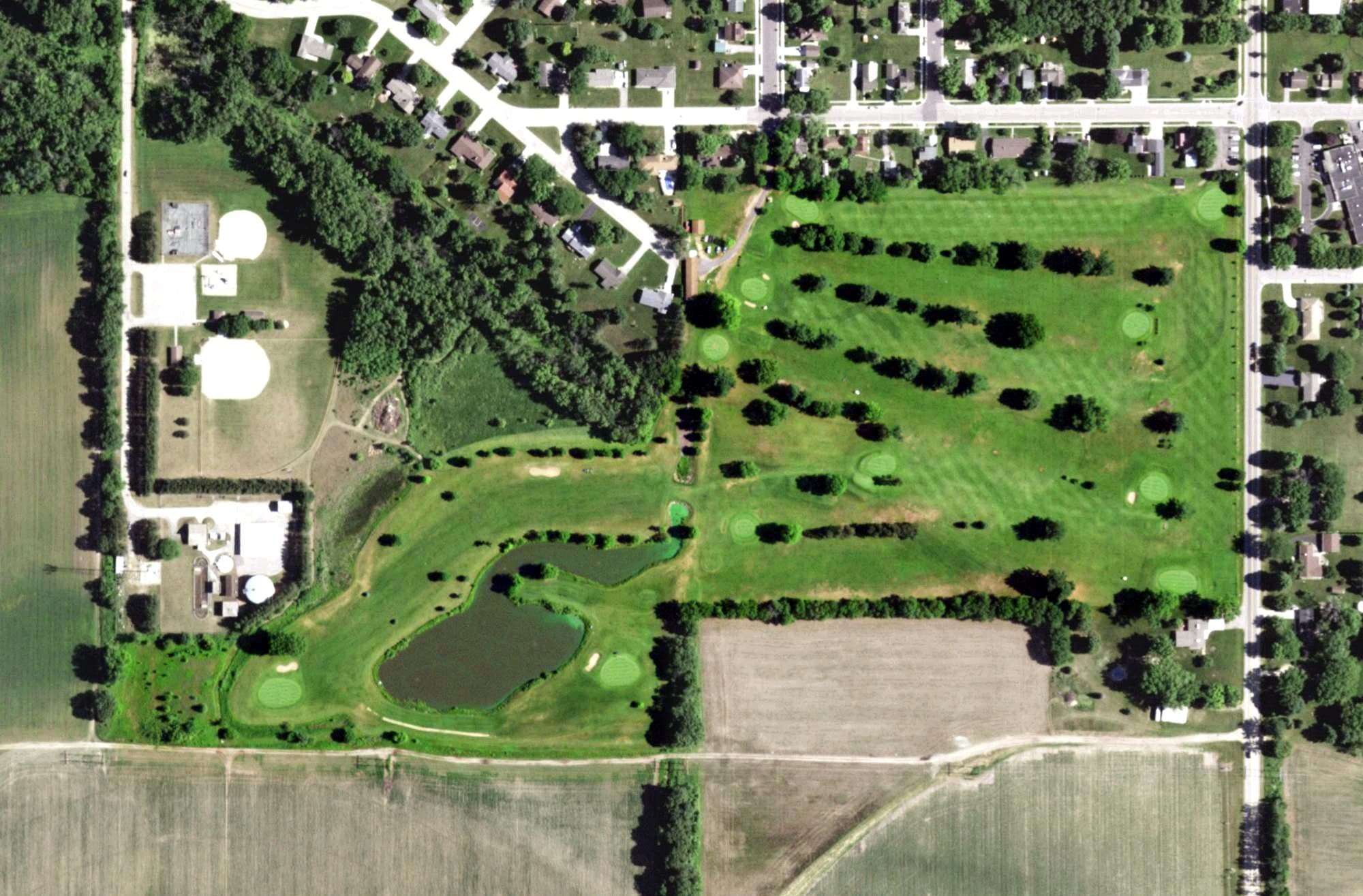 Aerial view of Spring Green Municipal Golf Course, WI, with its hole routing marked