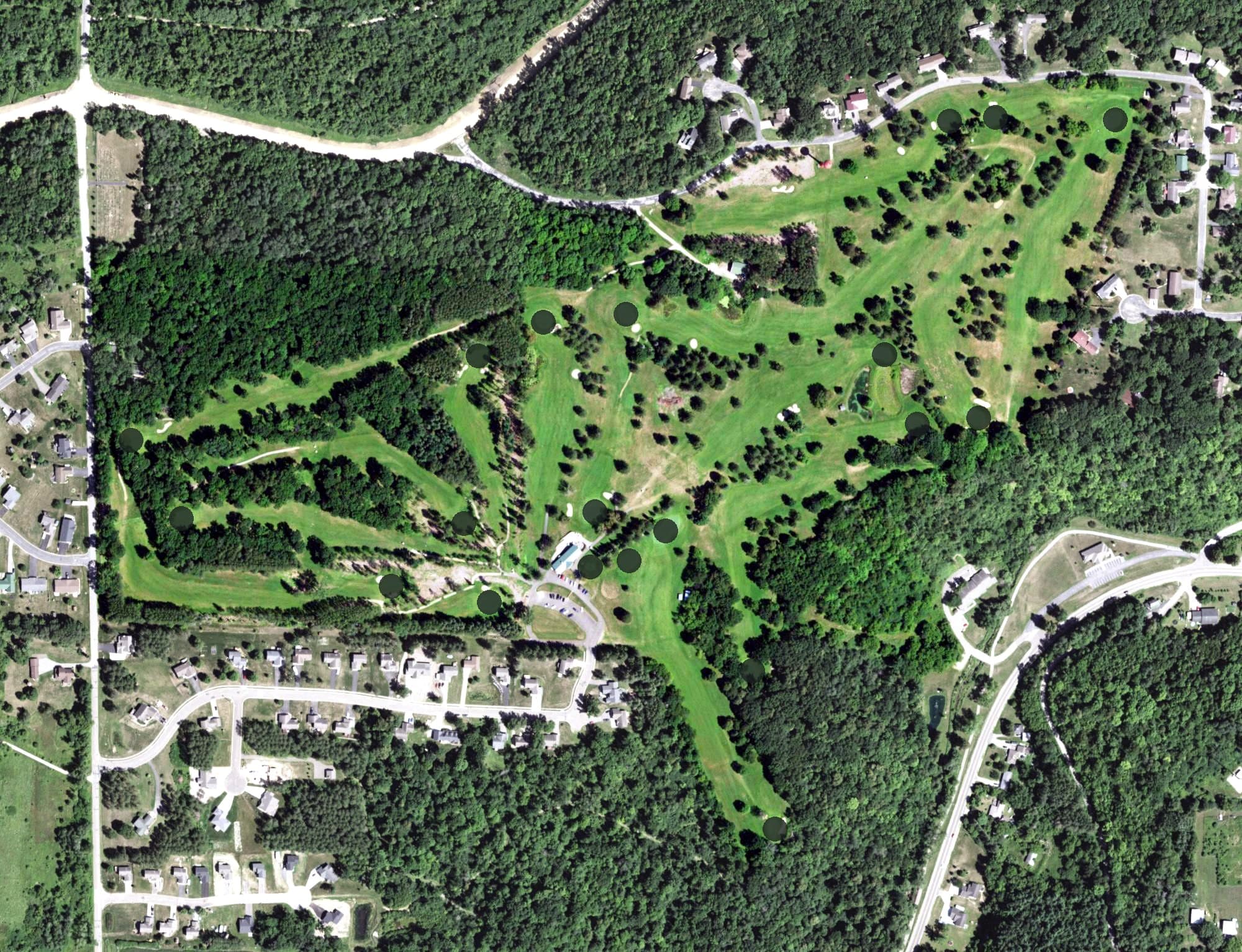 Aerial view of Spring Valley Golf Course, WI, with its hole routing marked