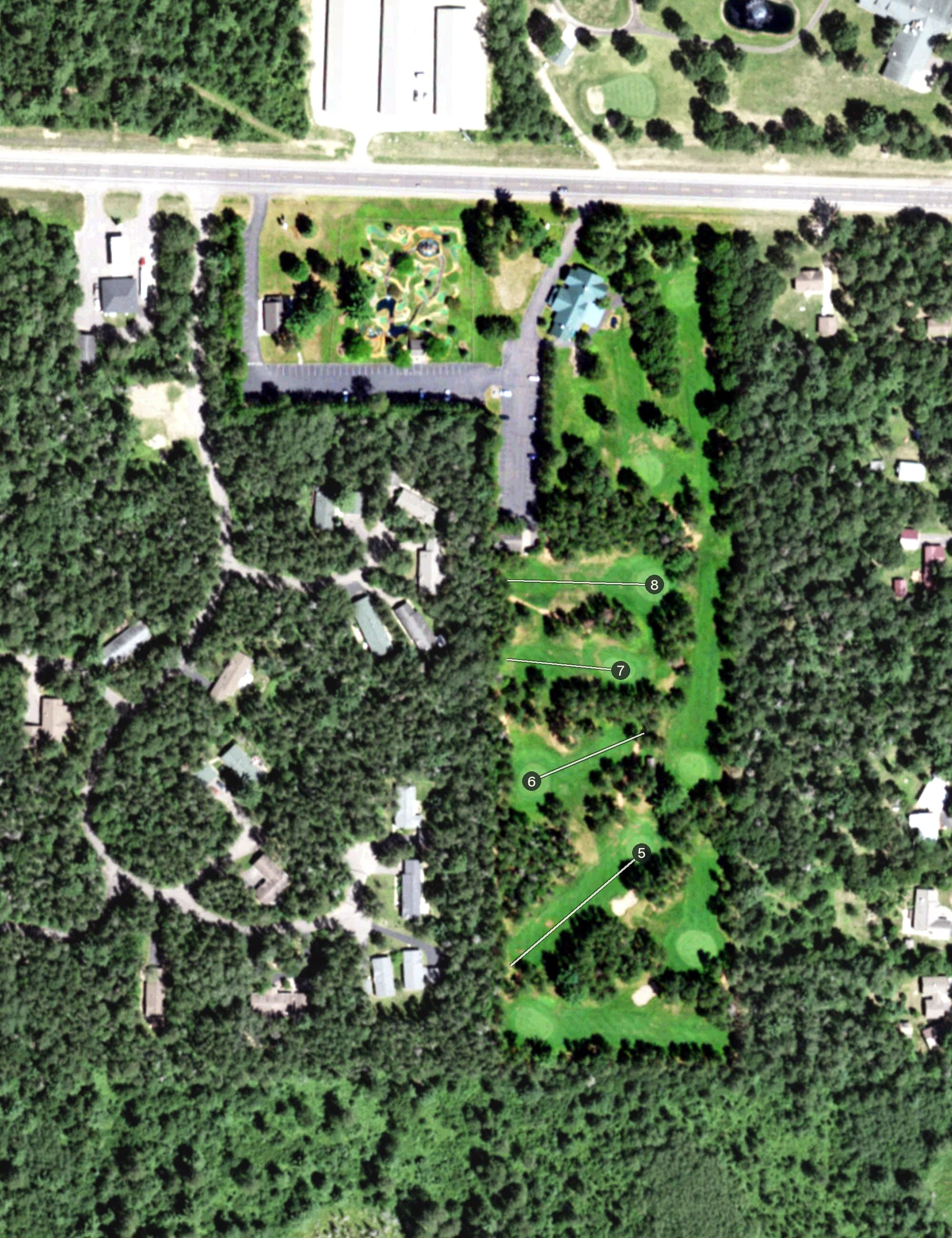 Aerial view of St. Germain Golf 9 Hole, WI, with its hole routing marked