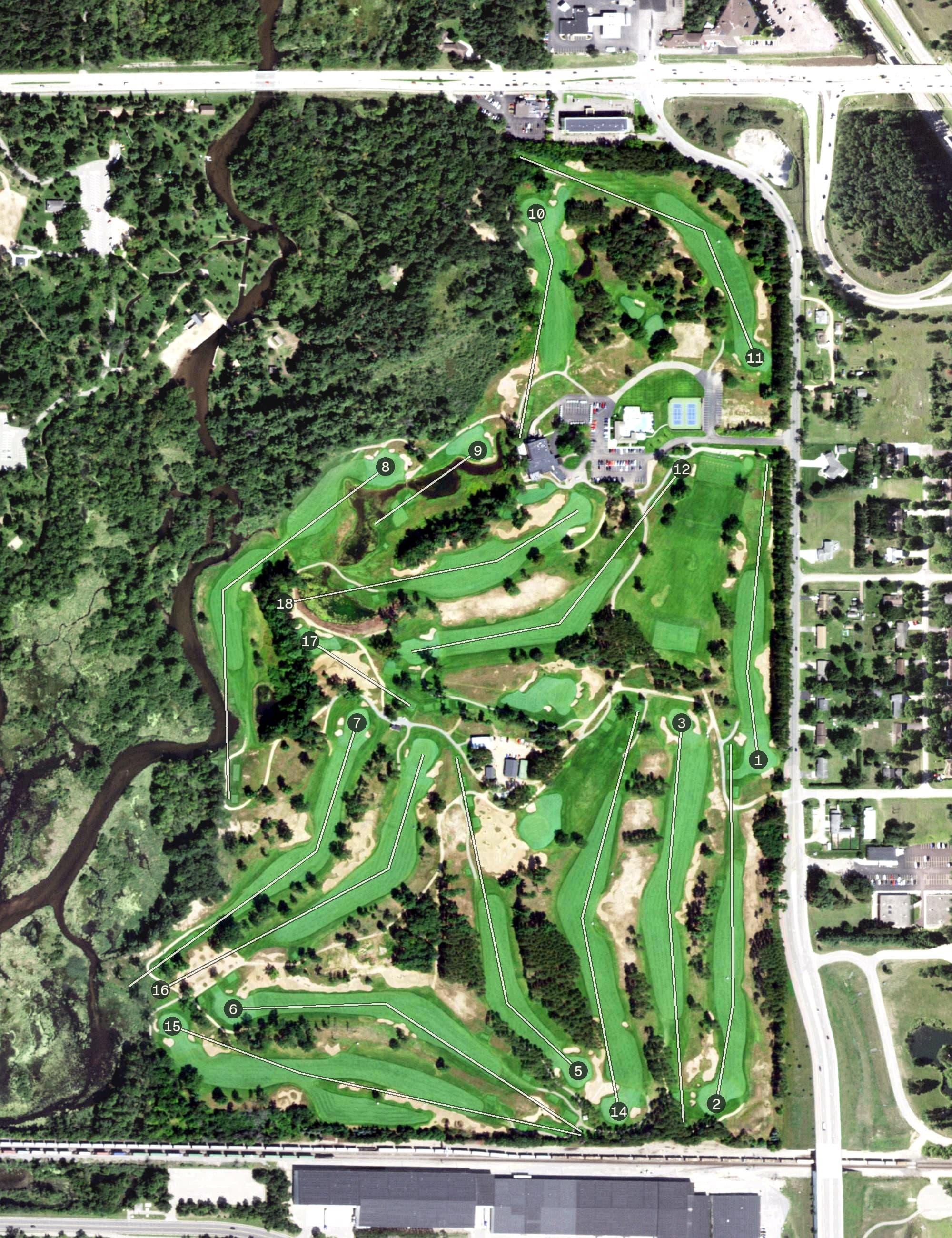 Aerial view of Stevens Point Country Club, WI, with its hole routing marked