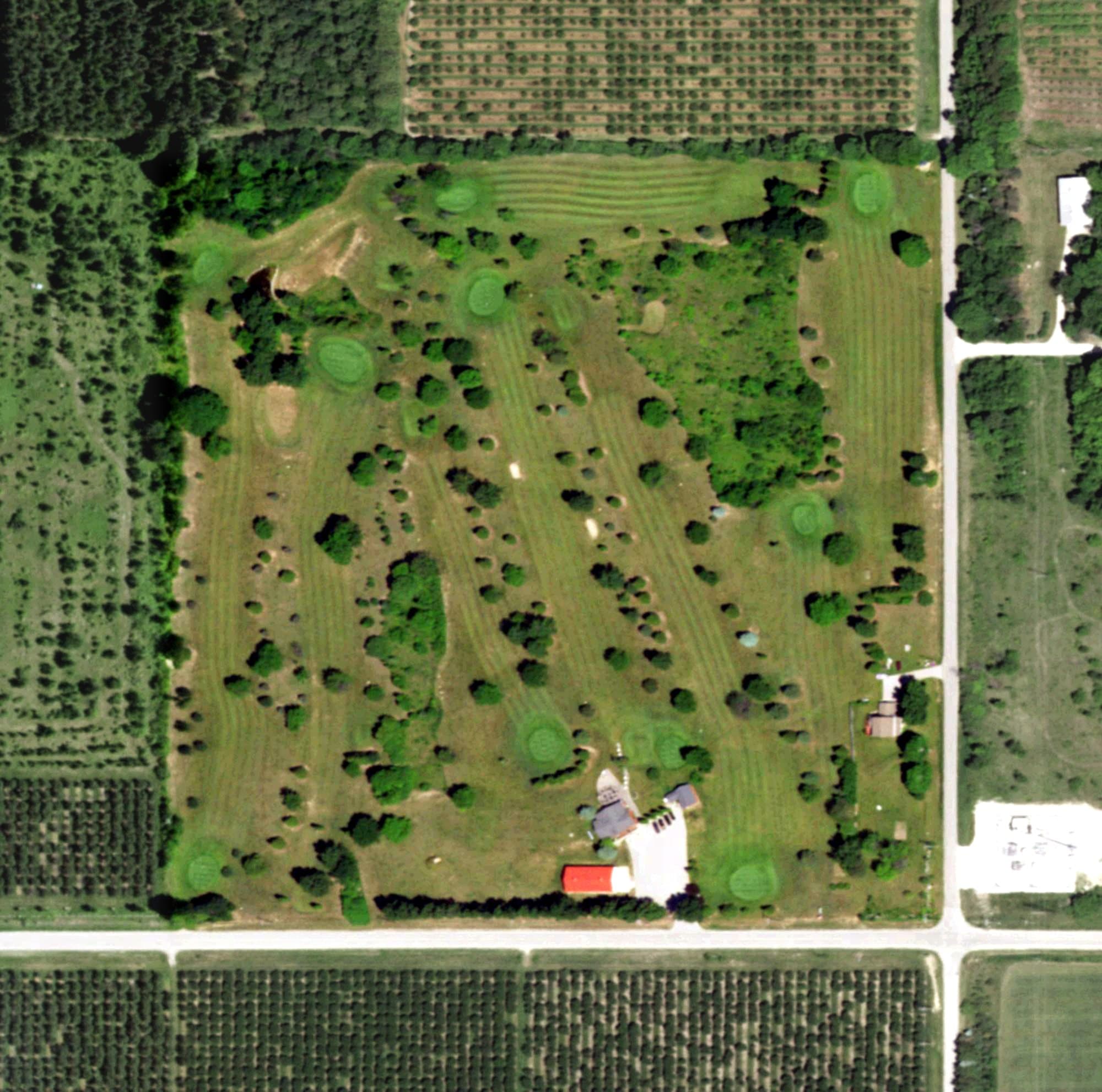 Aerial view of Stonehedge Golf Course, WI, with its hole routing marked