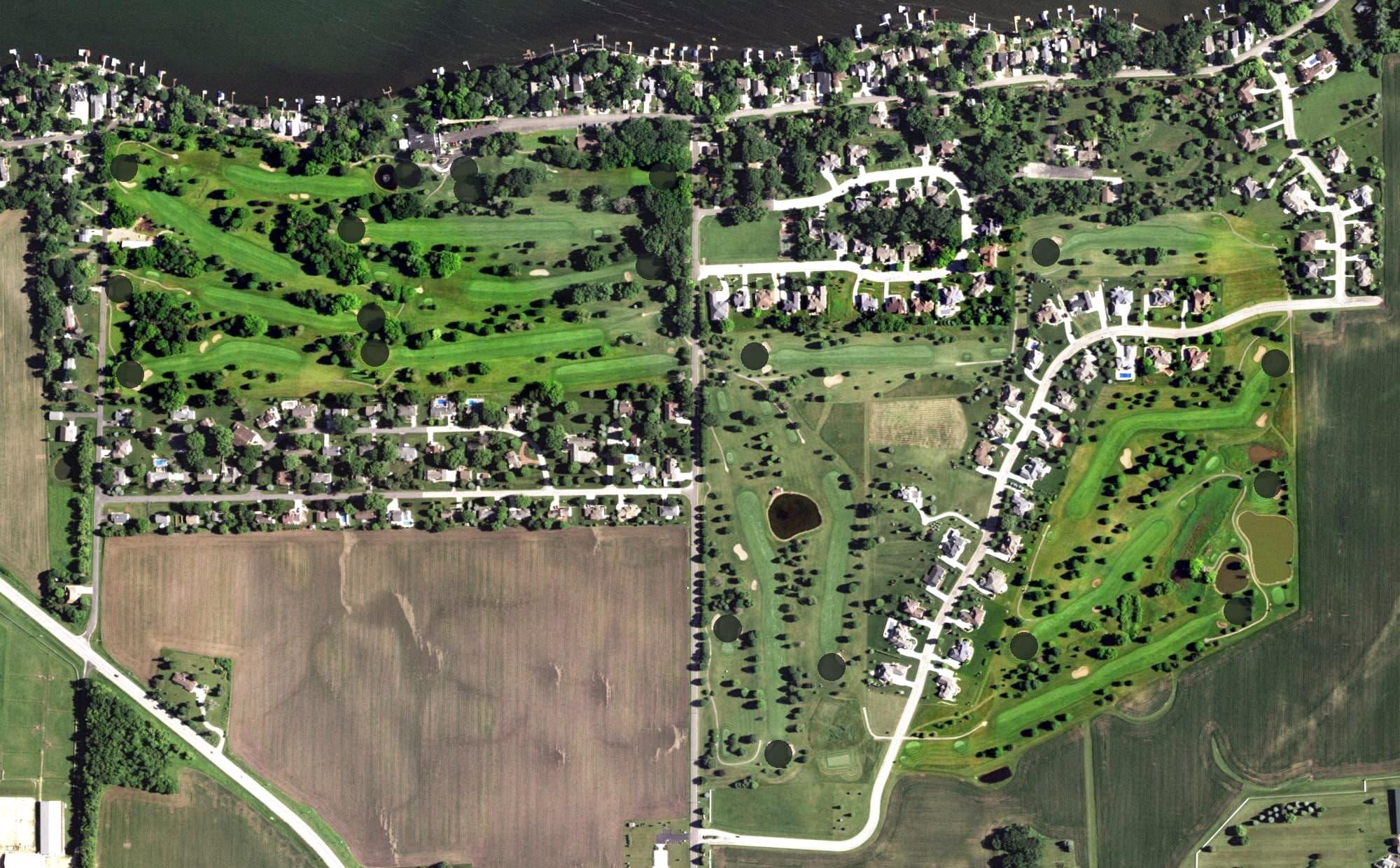 Aerial view of Stoughton Country Club, WI, with its hole routing marked