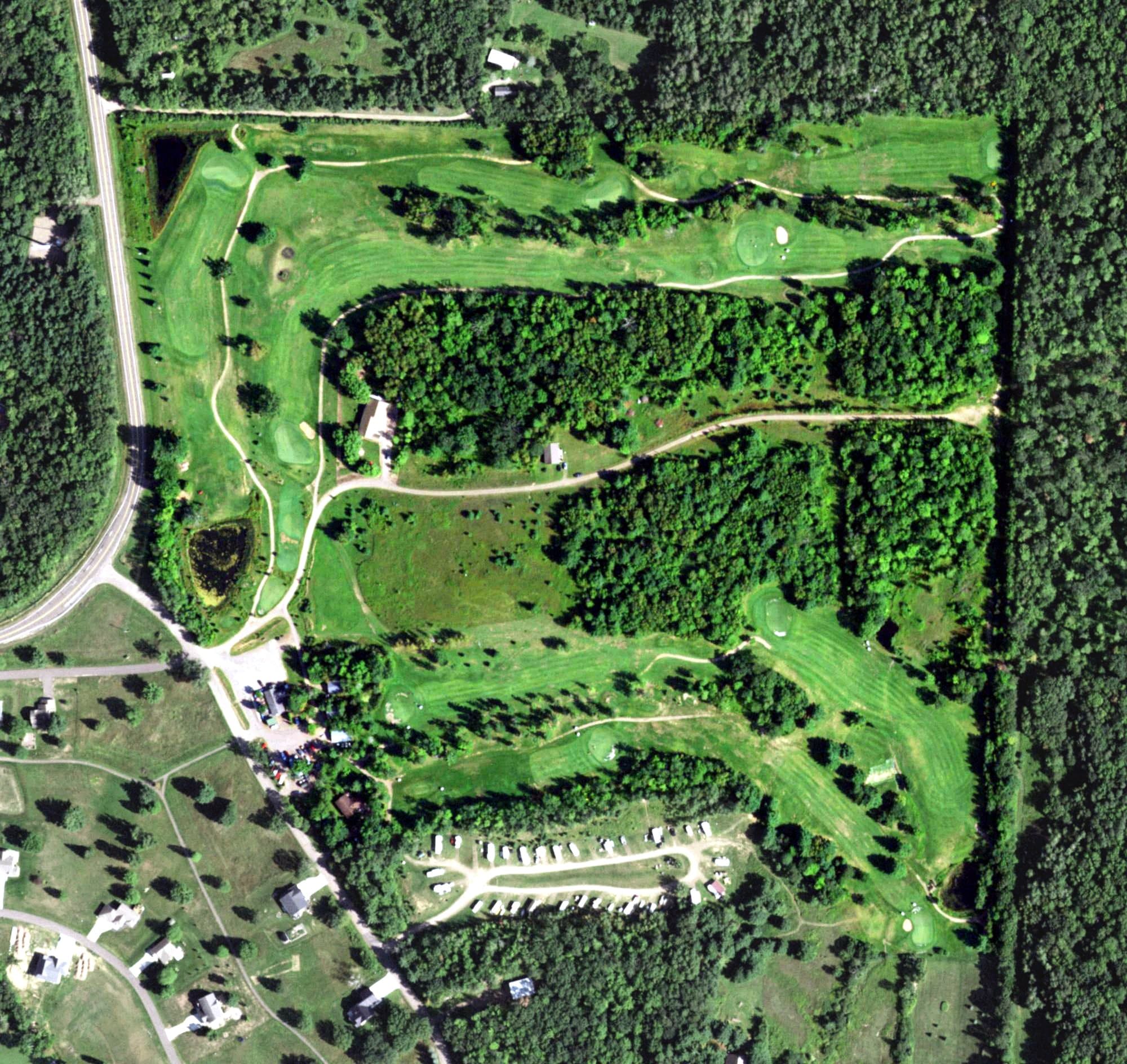 Aerial view of Sunset View Golf Course, WI, with its hole routing marked