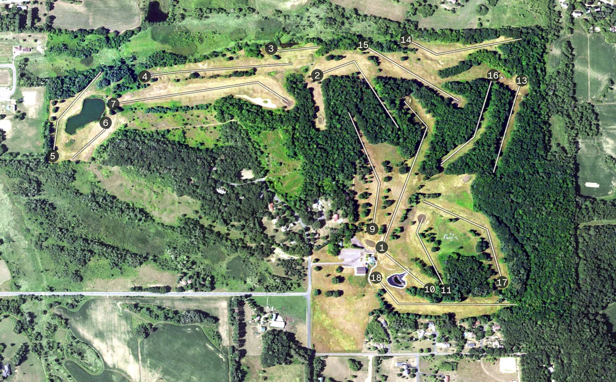 Aerial view of Tanglewood Greens, WI, with its hole routing marked