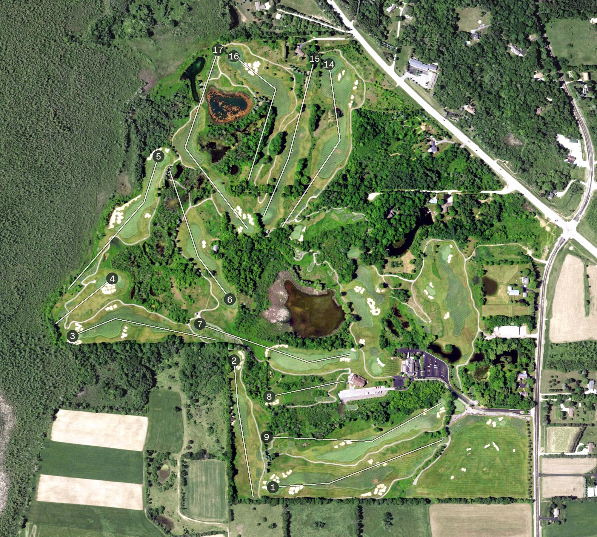 Aerial view of The Bog, WI, with its hole routing marked