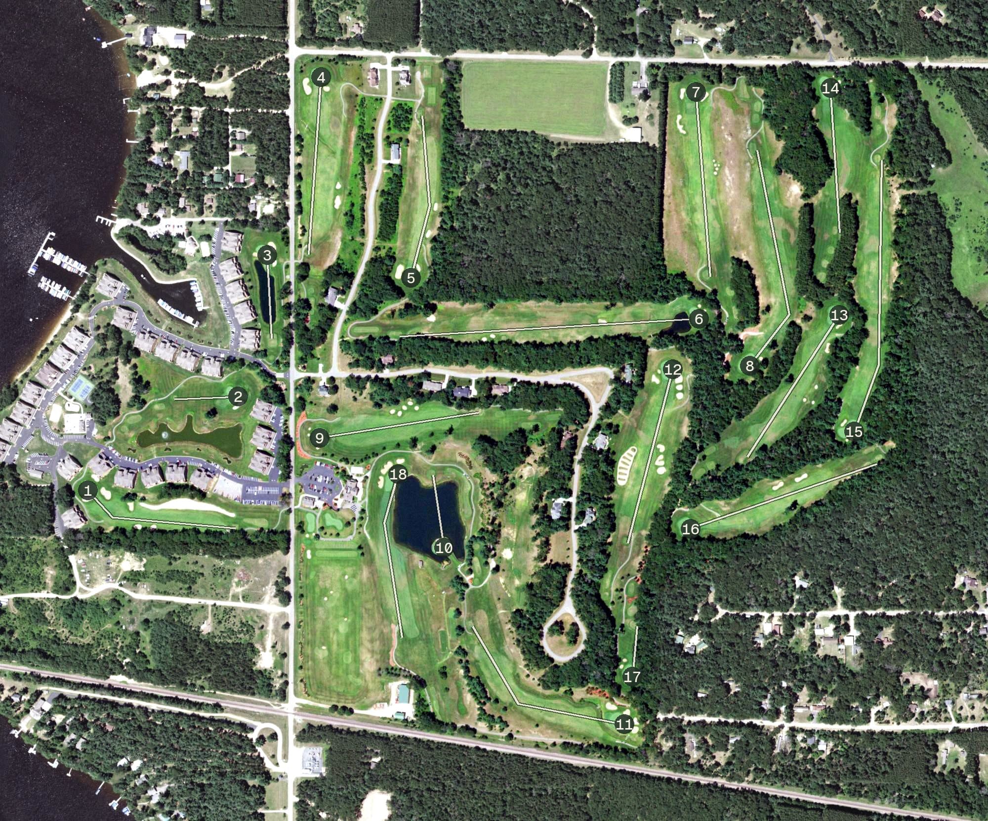Aerial view of The Castle Course at Northern Bay, WI, with its hole routing marked