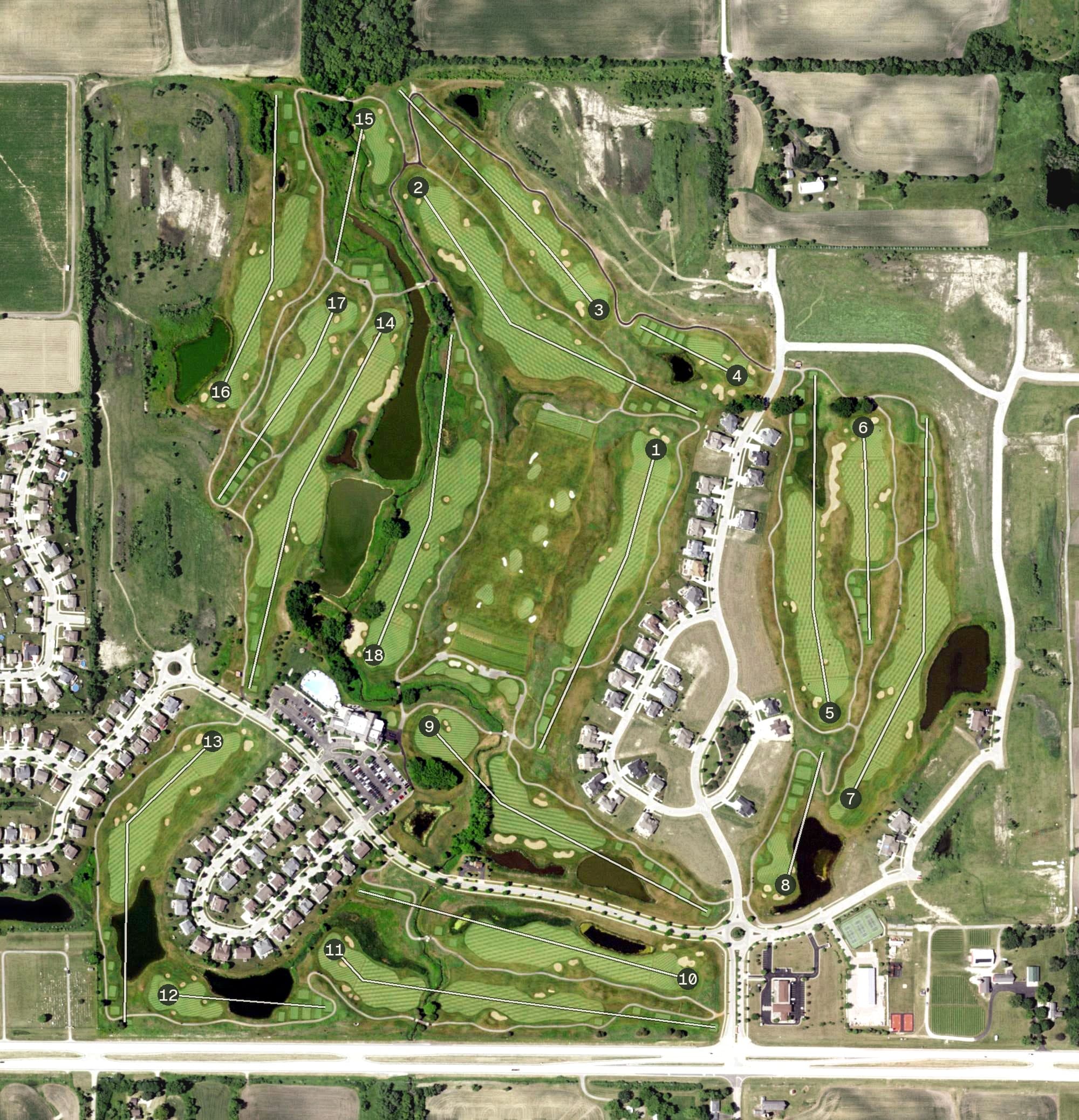 Aerial view of The Club at Strawberry Creek, WI, with its hole routing marked