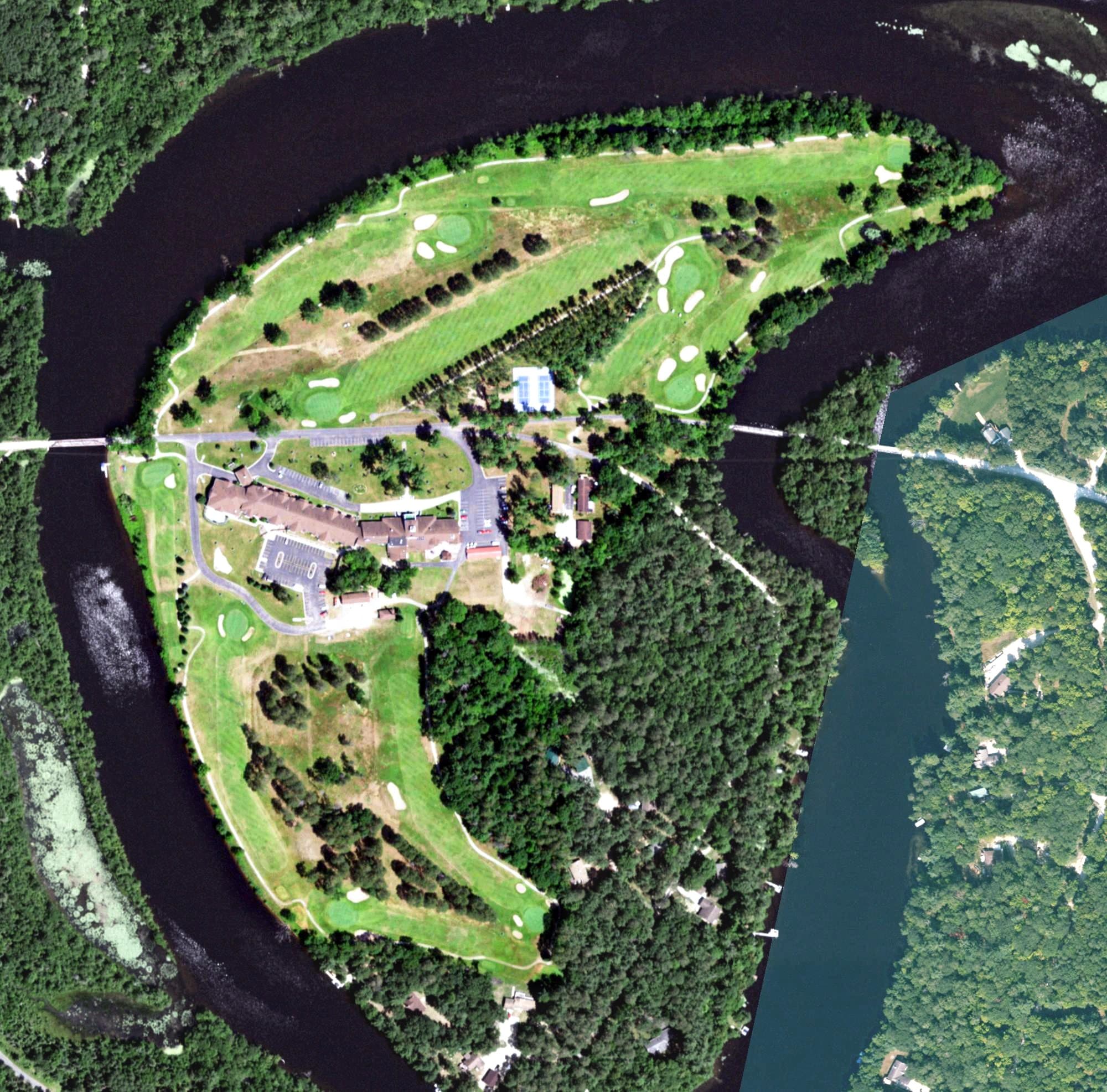 Aerial view of The Four Seasons Island Resort, WI, with its hole routing marked