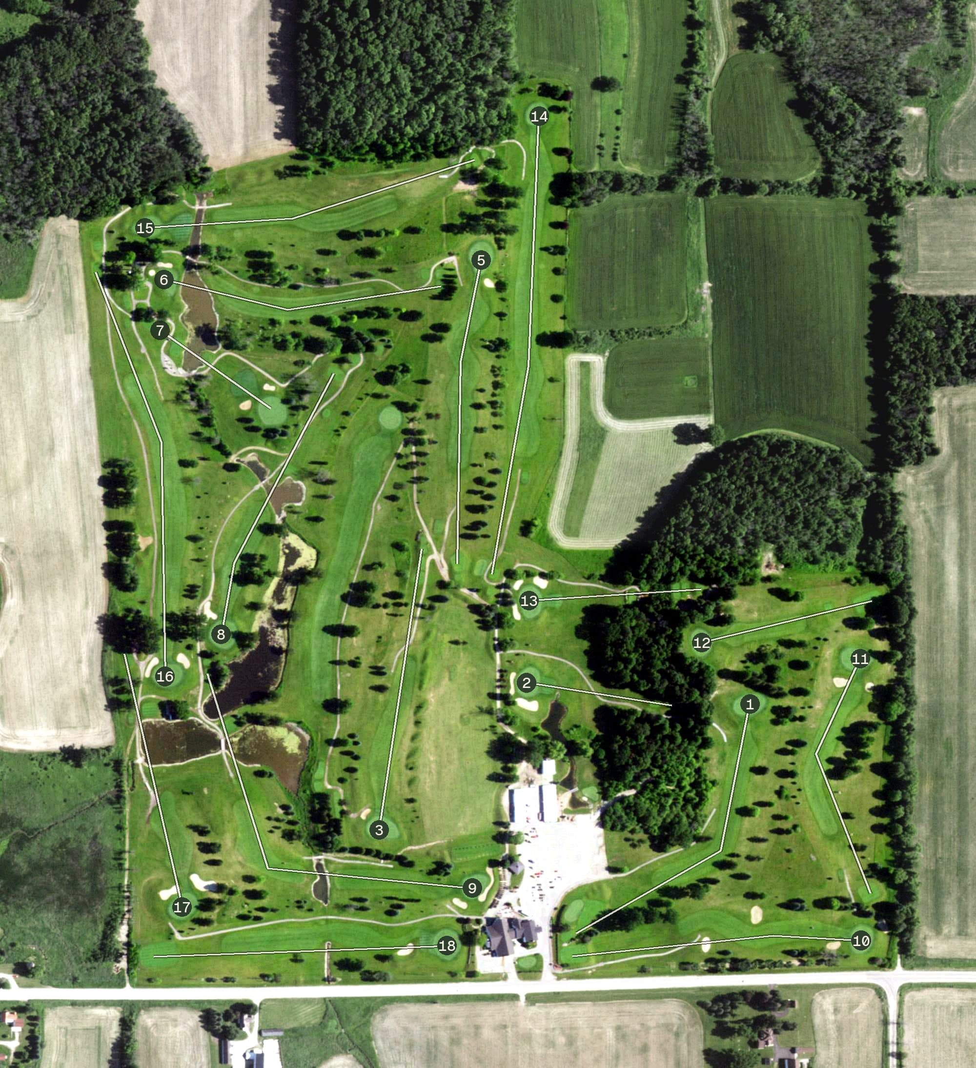 Aerial view of The Golf Course at Camelot, WI, with its hole routing marked
