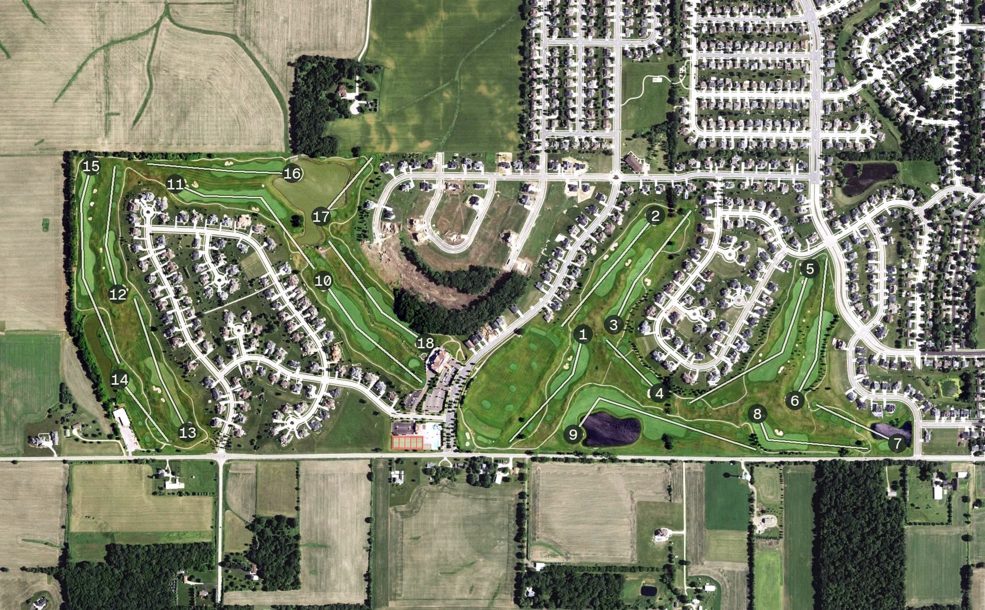 Aerial view of The Legend at Bergamont, WI, with its hole routing marked