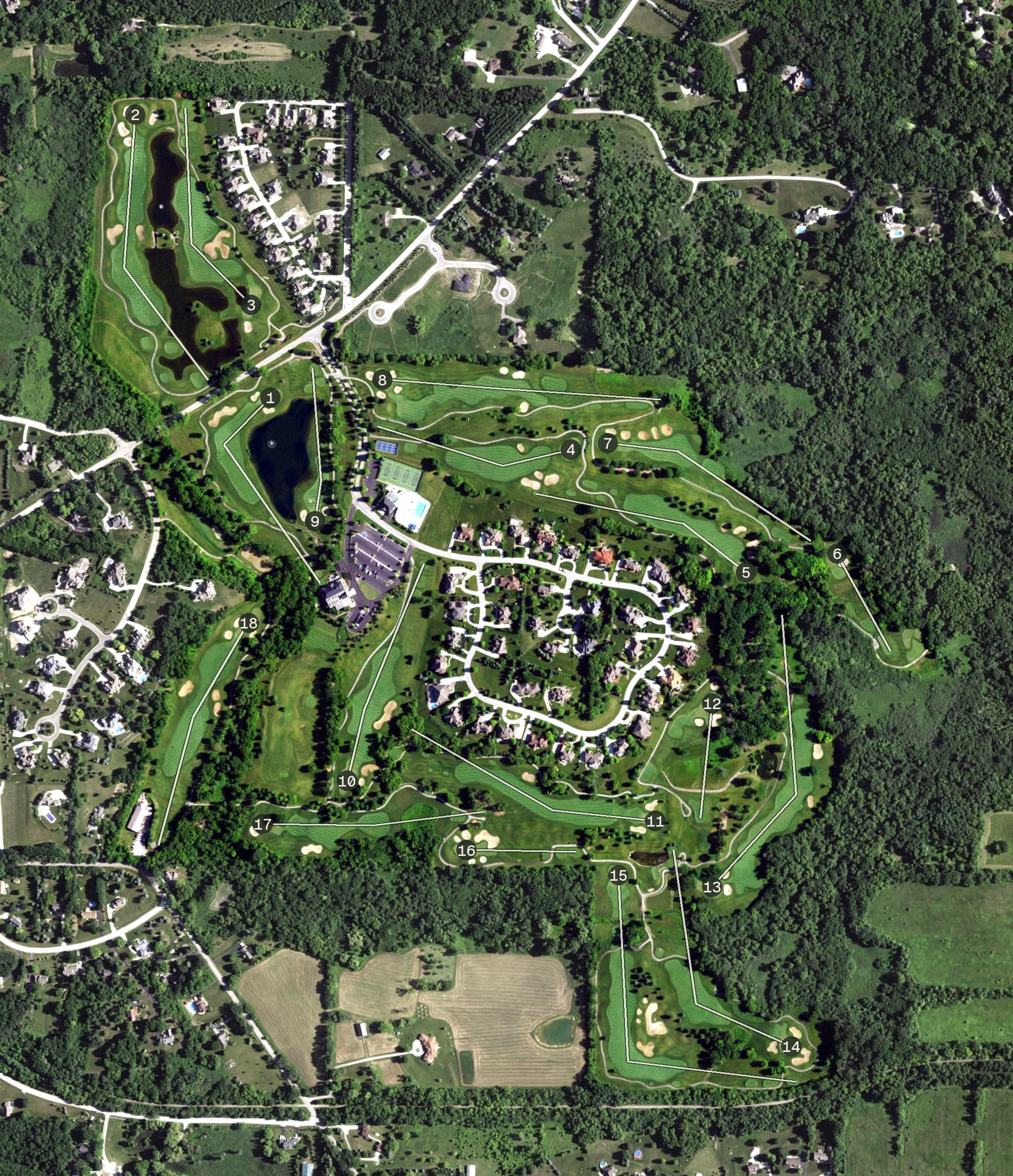 Aerial view of The Legend at Brandybrook, WI, with its hole routing marked