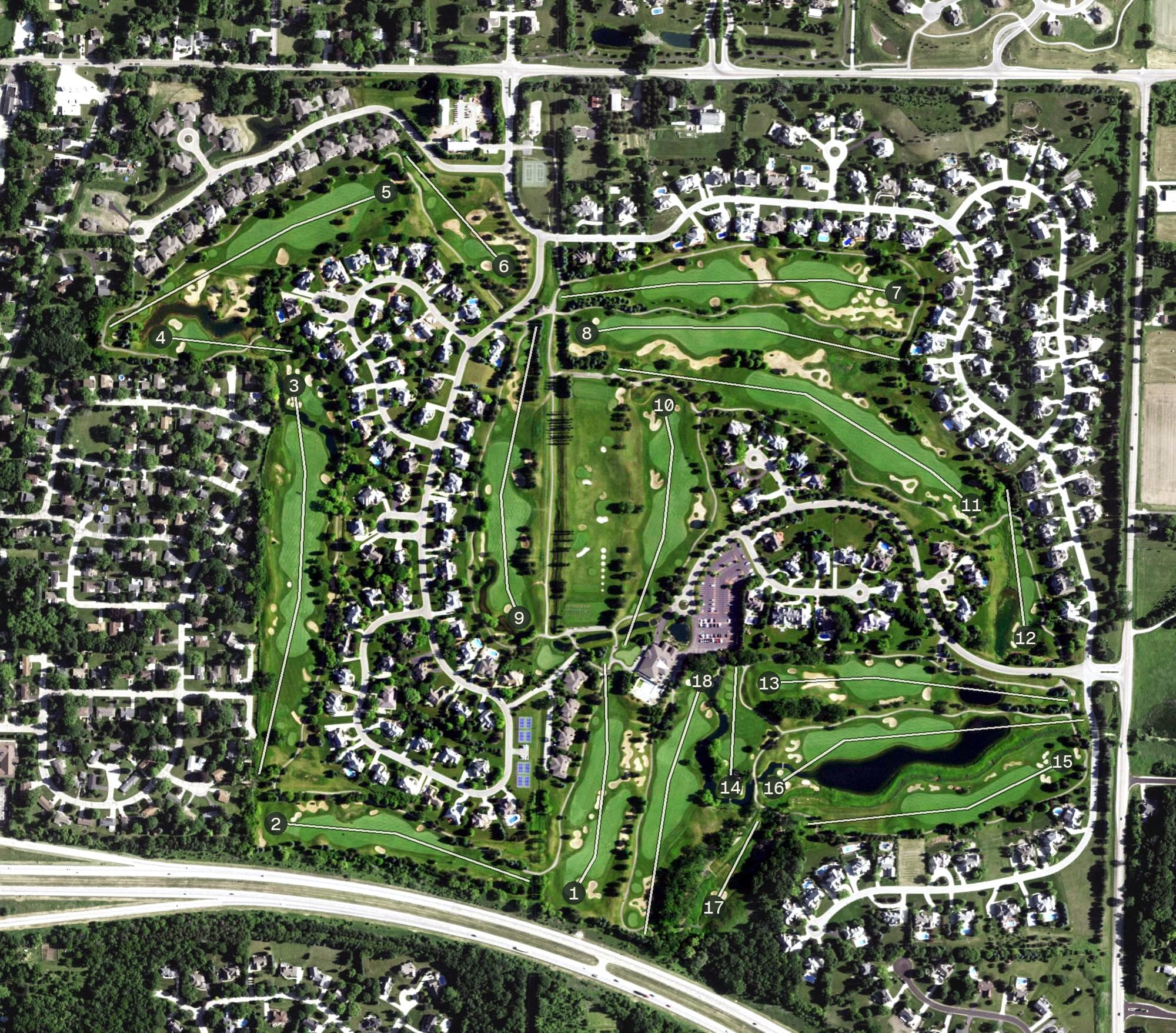 Aerial view of The Legend at Bristlecone, WI, with its hole routing marked