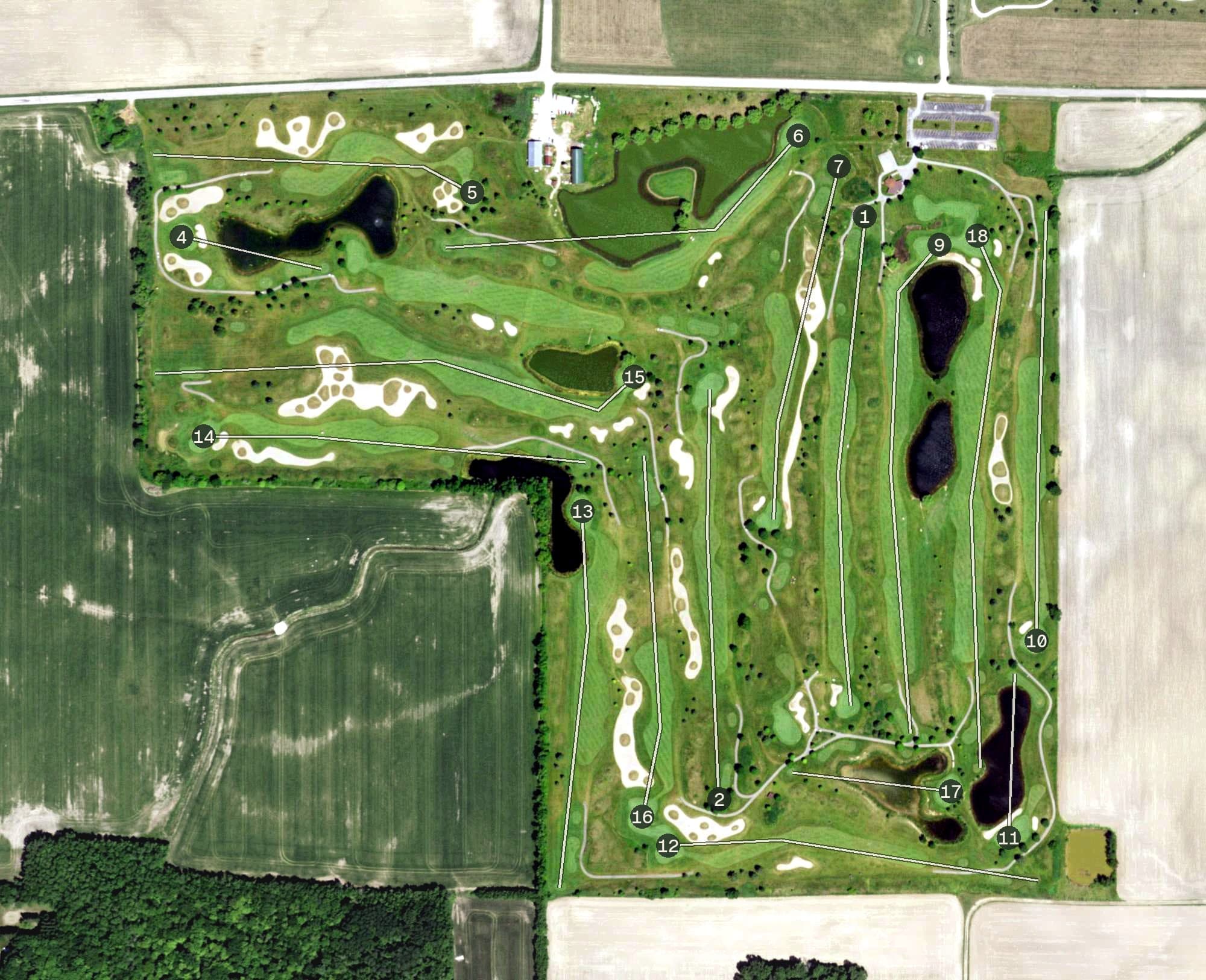 Aerial view of The National, WI, with its hole routing marked