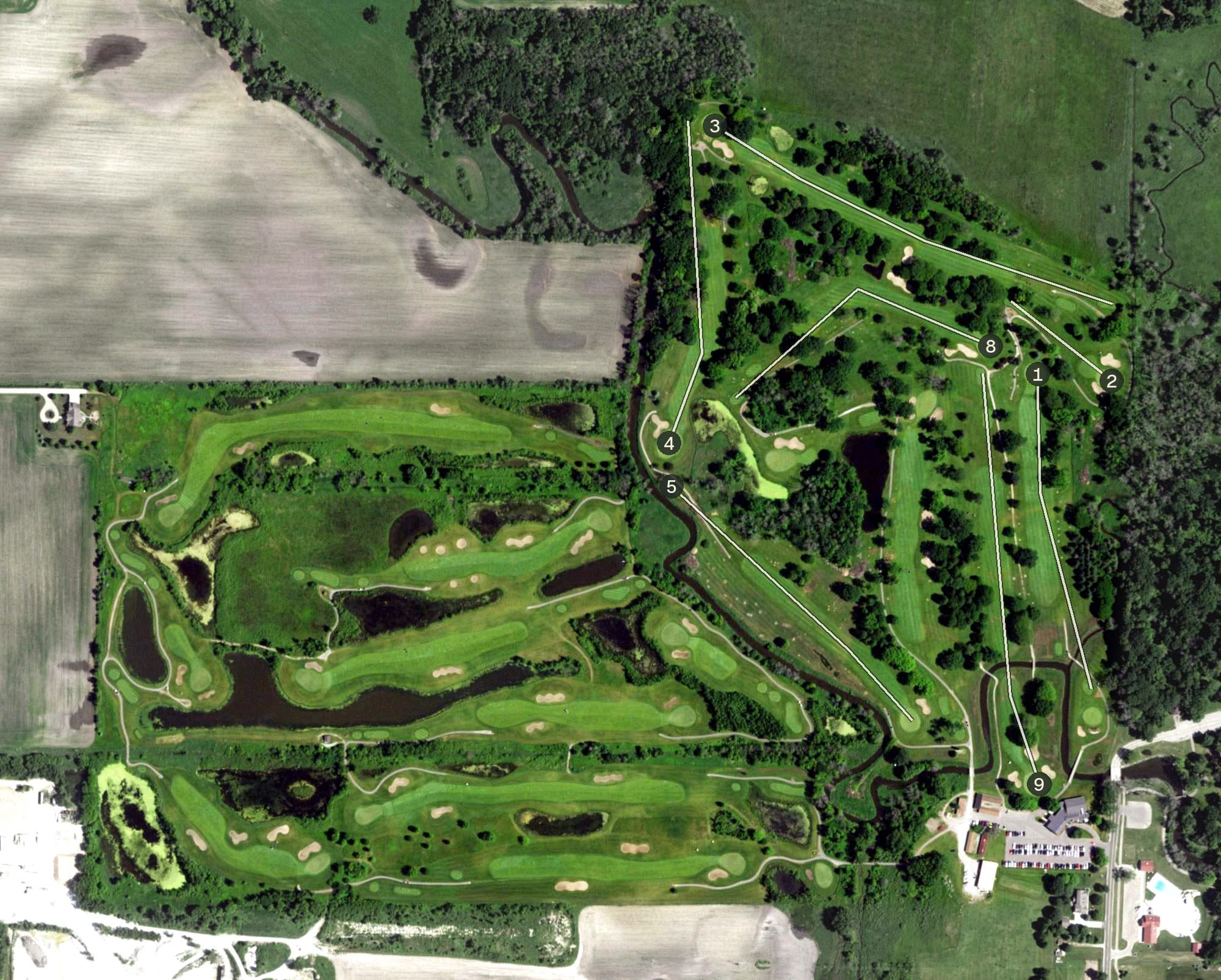 Aerial view of The Rock Golf Club, WI, with its hole routing marked