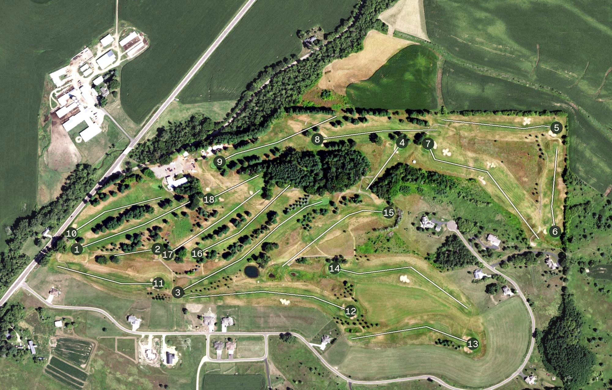 Aerial view of The Valley Golf Course, WI, with its hole routing marked