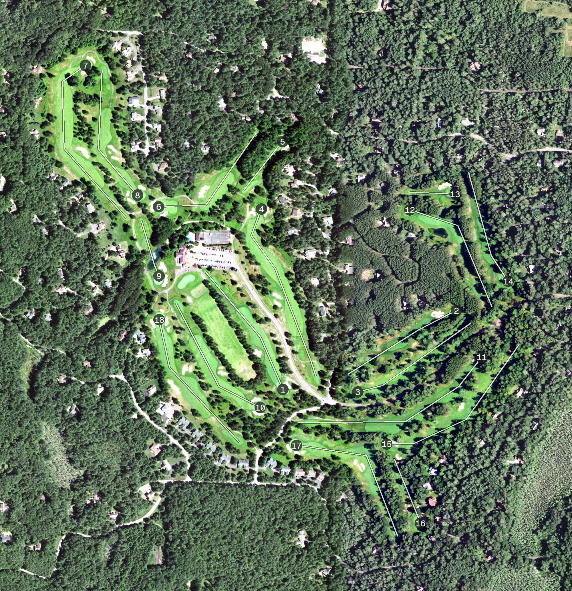 Aerial view of Timber Ridge Golf Club, WI, with its hole routing marked