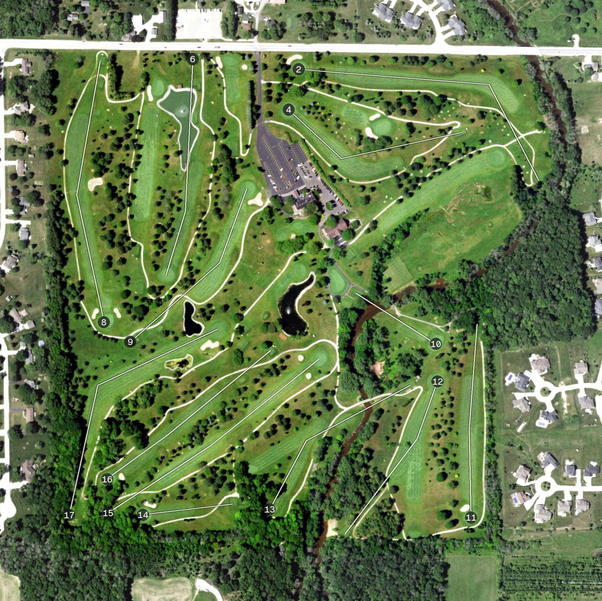 Aerial view of Town & Country Golf Course, WI, with its hole routing marked