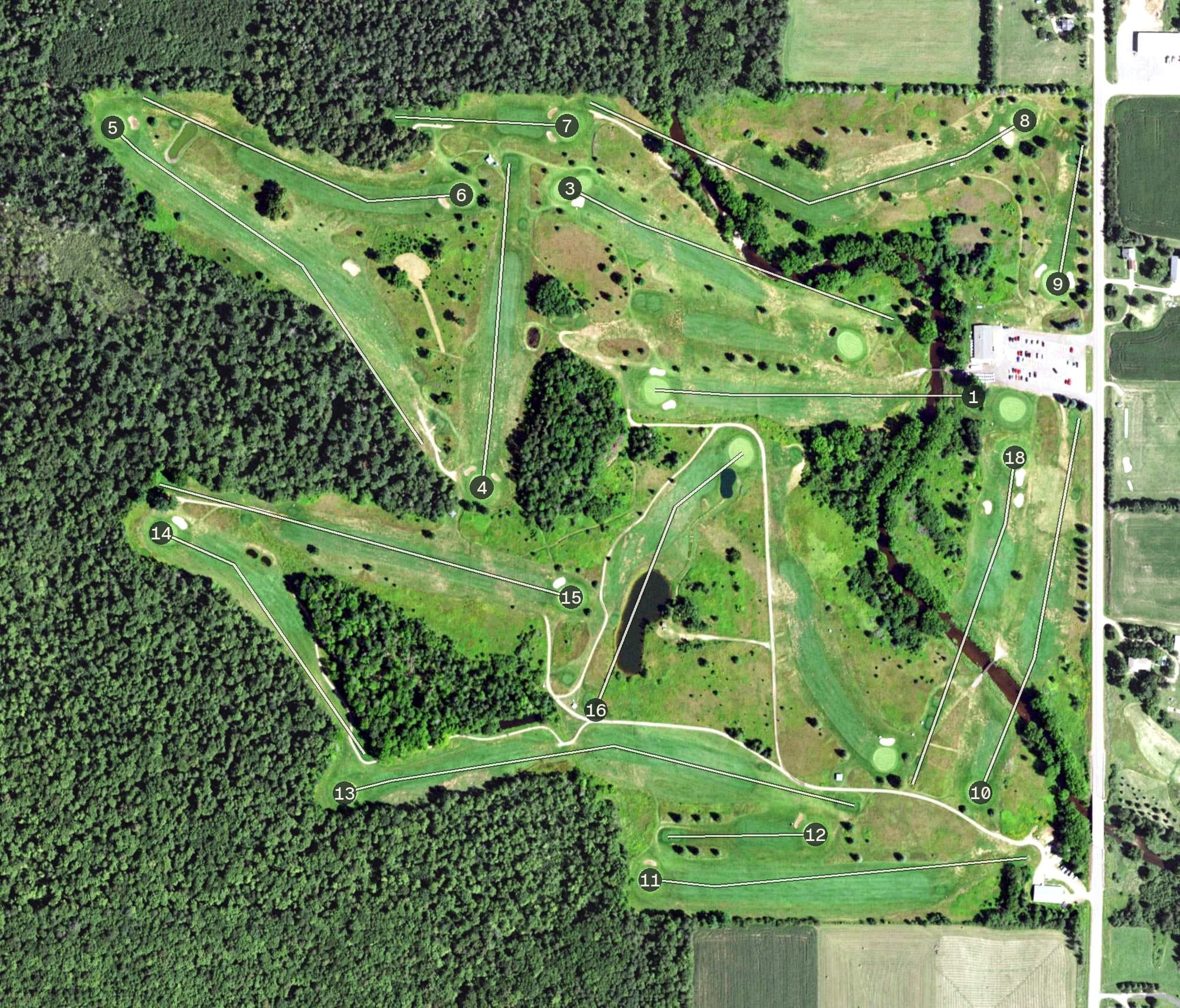 Aerial view of Trapp River Golf Course, WI, with its hole routing marked