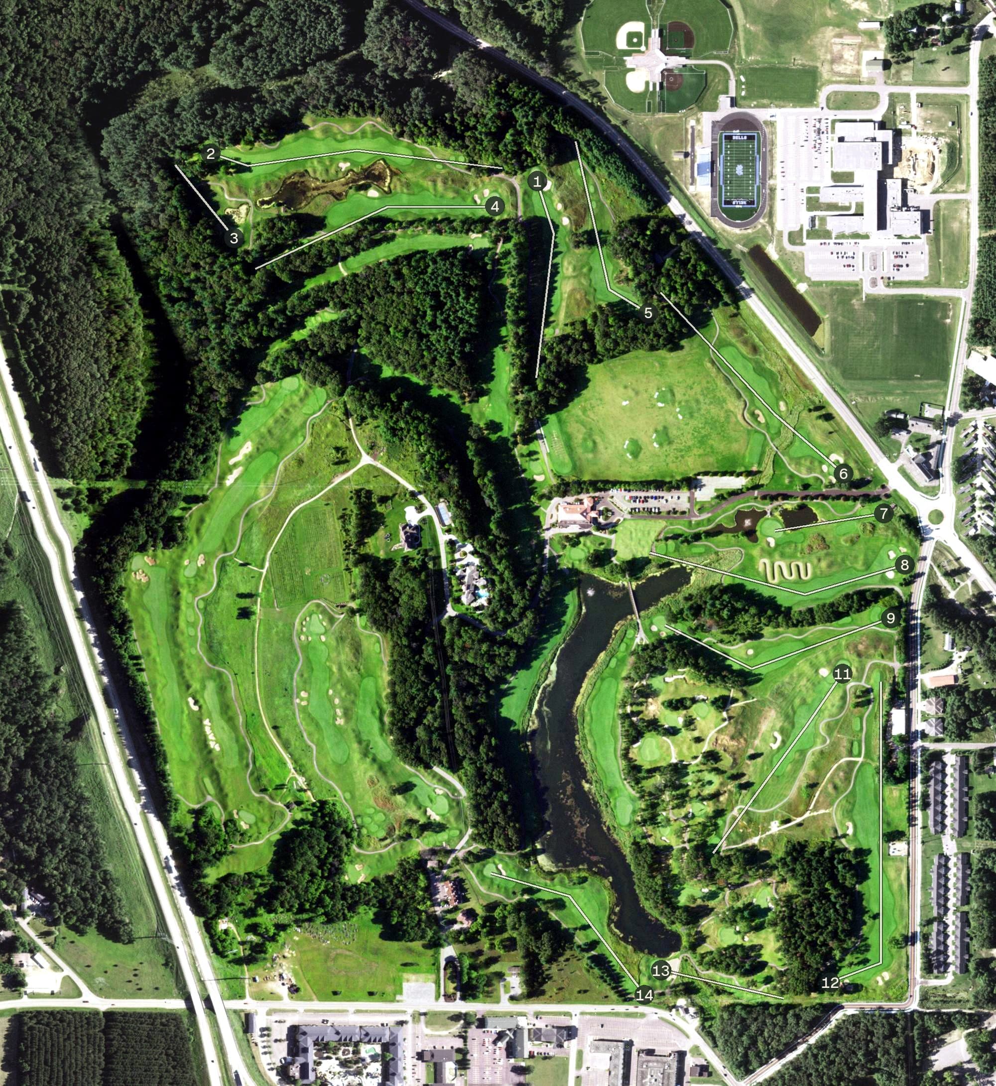 Aerial view of Trappers Turn Golf Club, WI, with its hole routing marked