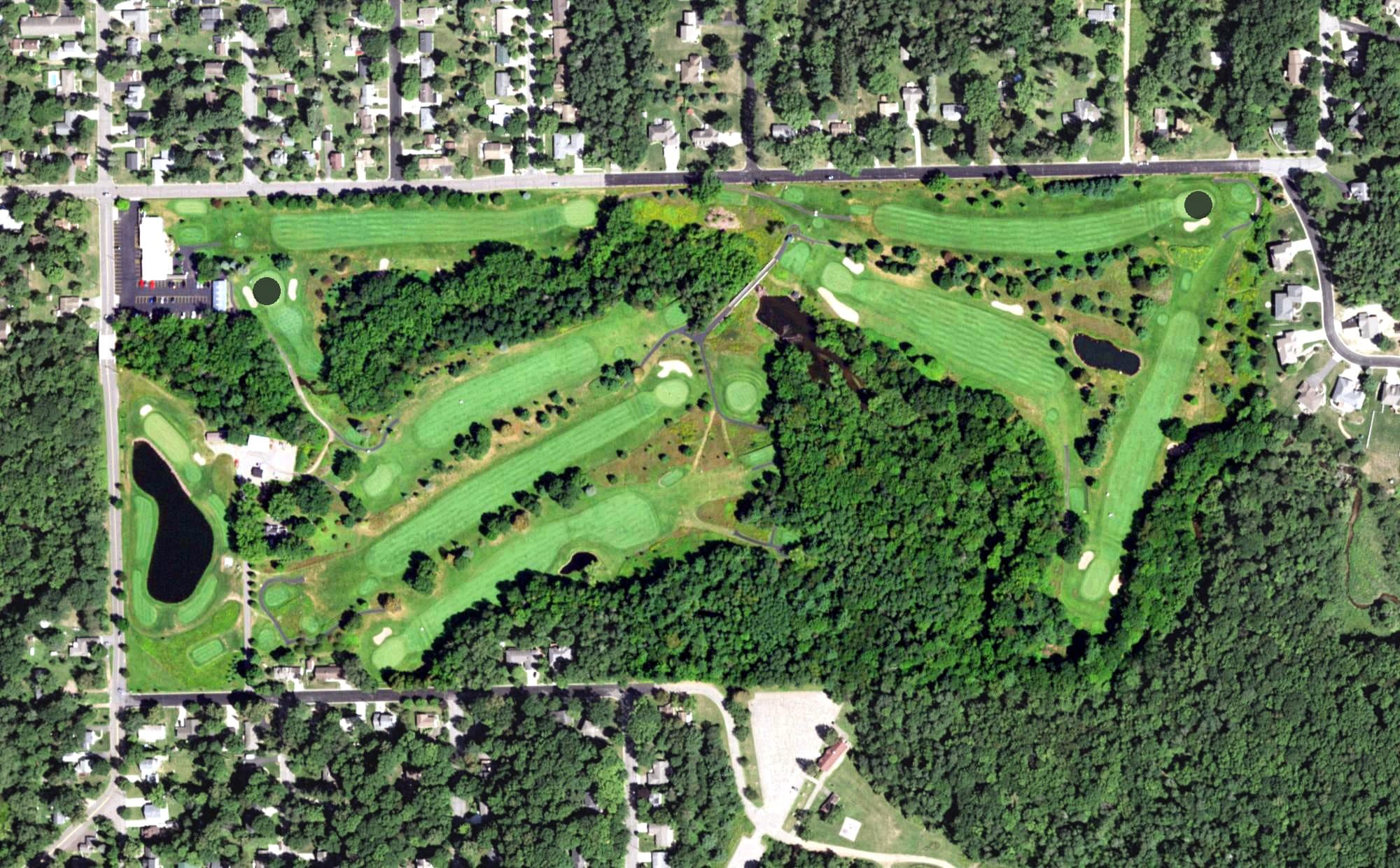 Aerial view of Tribute Golf Course, WI, with its hole routing marked