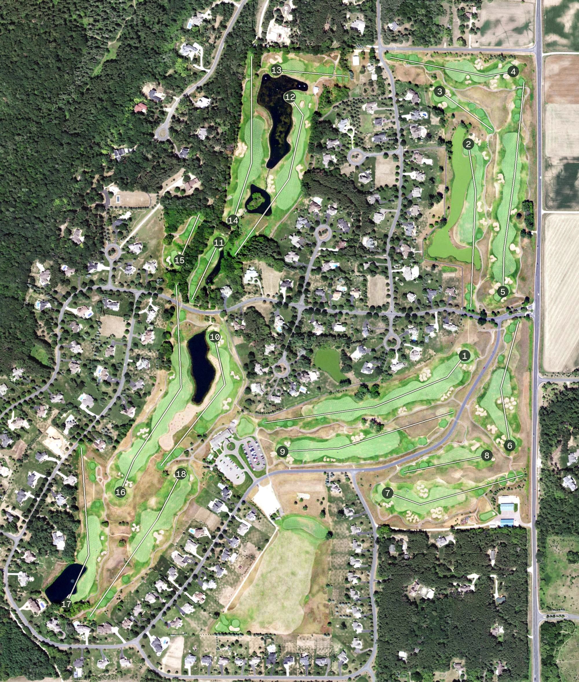 Aerial view of Troy Burne Golf Club, WI, with its hole routing marked