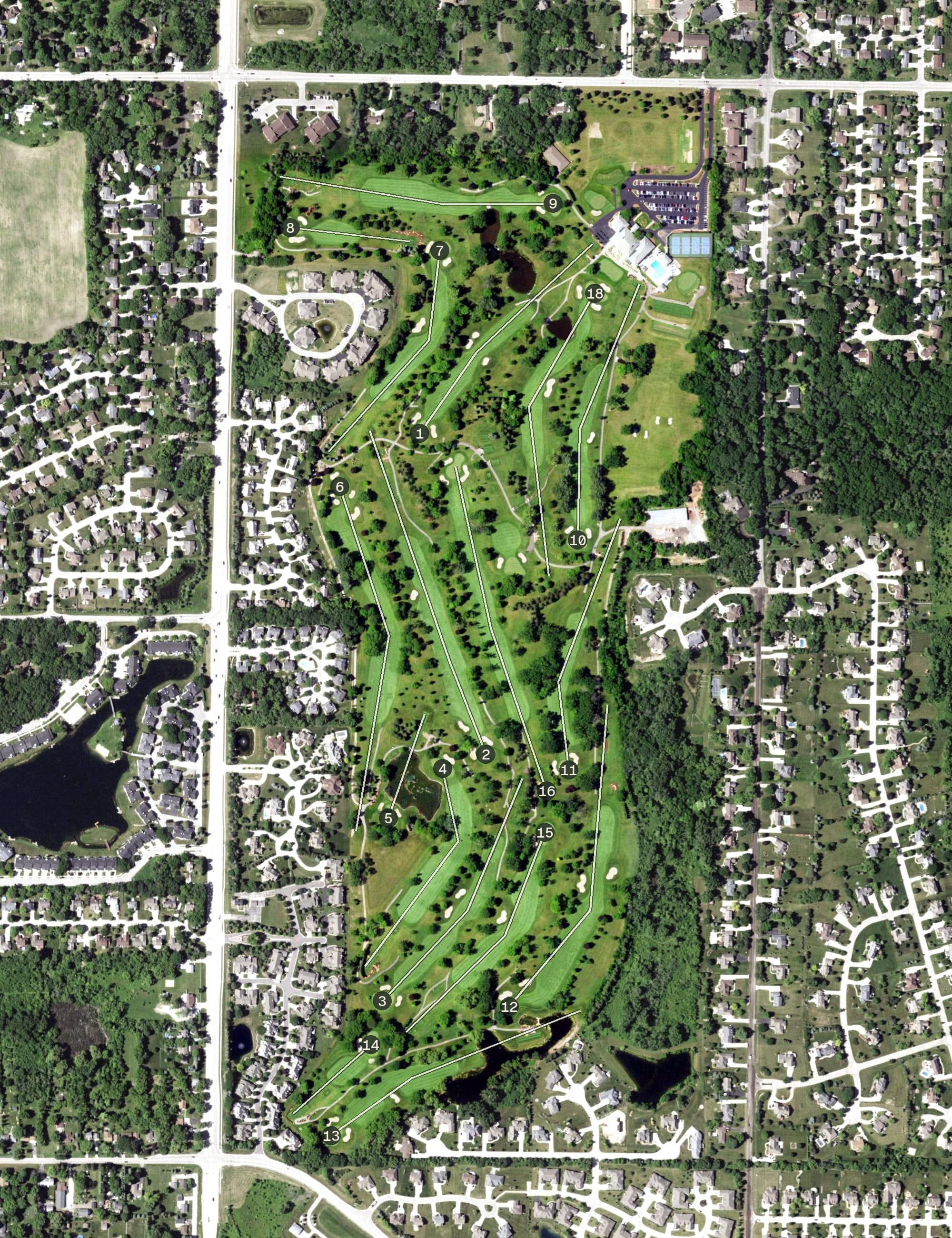 Aerial view of Tuckaway Country Club, WI, with its hole routing marked