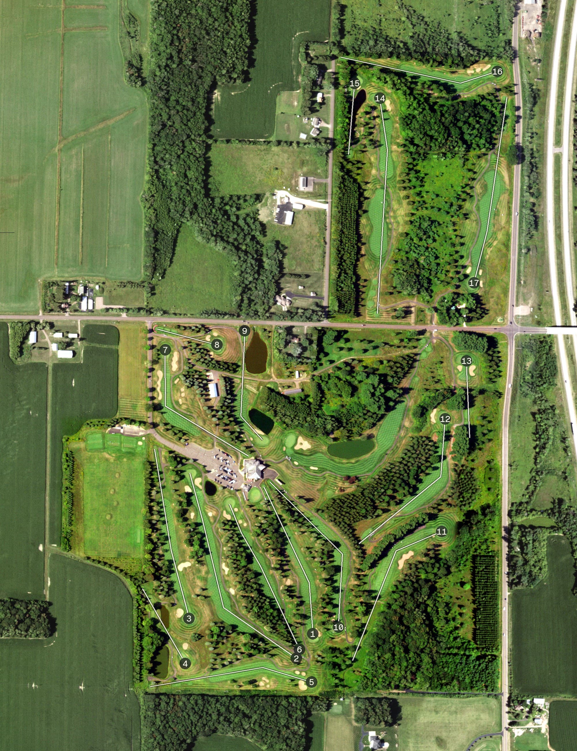 Aerial view of Turtleback Golf Course, WI, with its hole routing marked