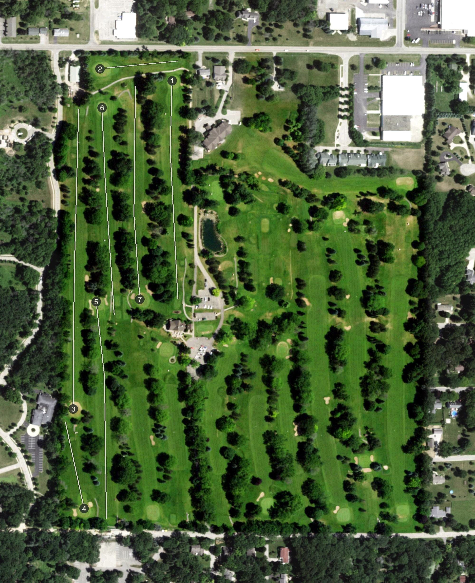 Aerial view of Tuscumbia Country Club, WI, with its hole routing marked