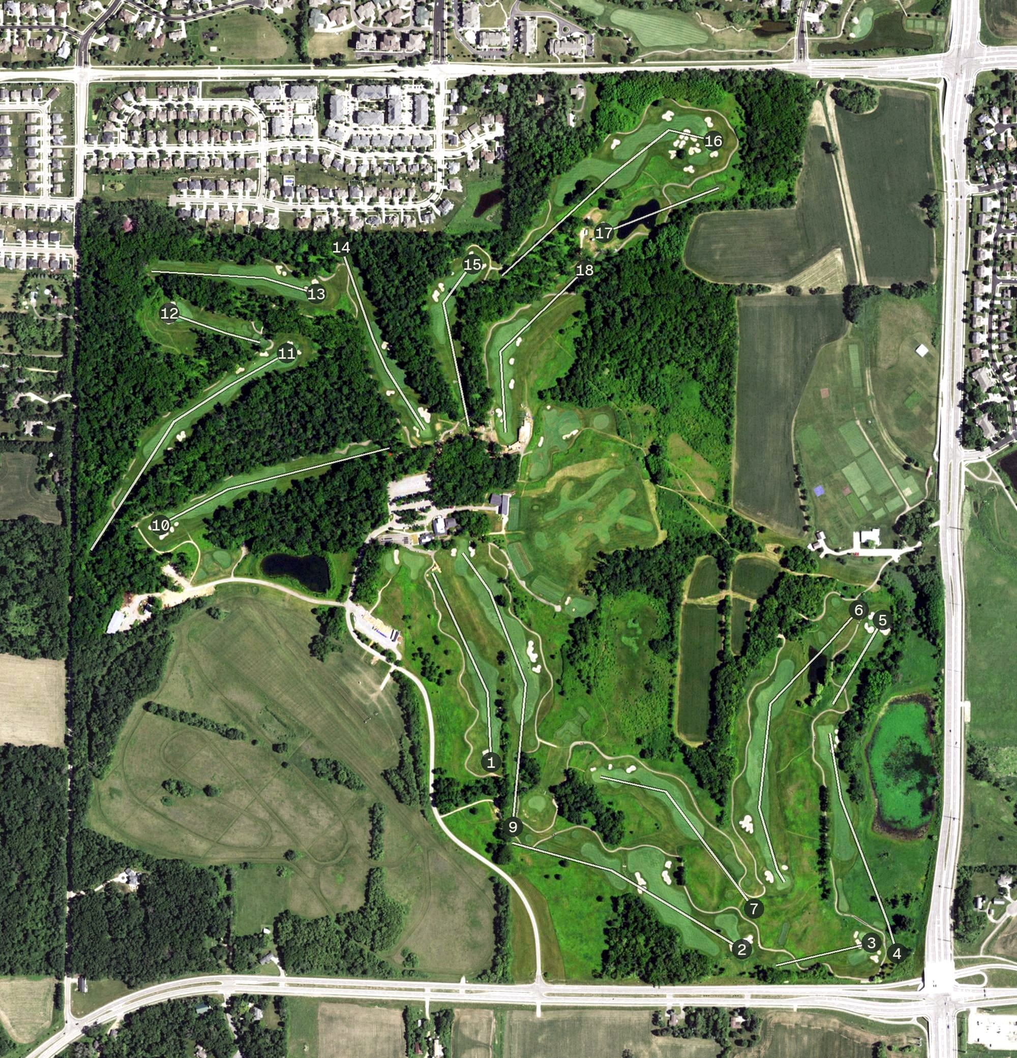 Aerial view of University Ridge Golf Course, WI, with its hole routing marked
