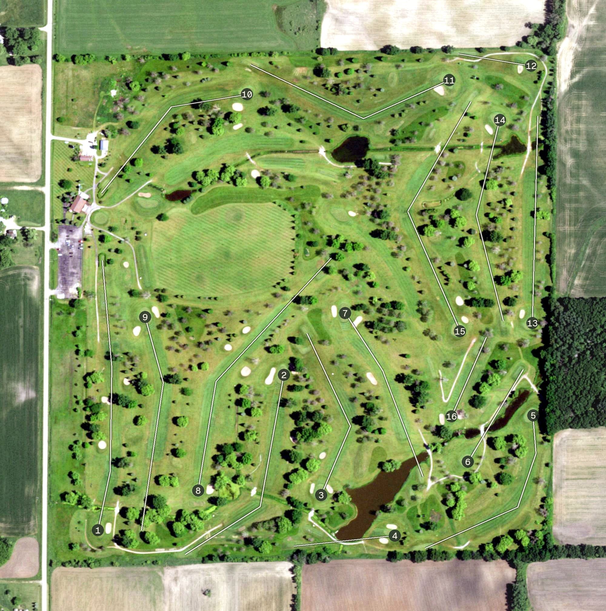 Aerial view of Utica Golf Club, WI, with its hole routing marked