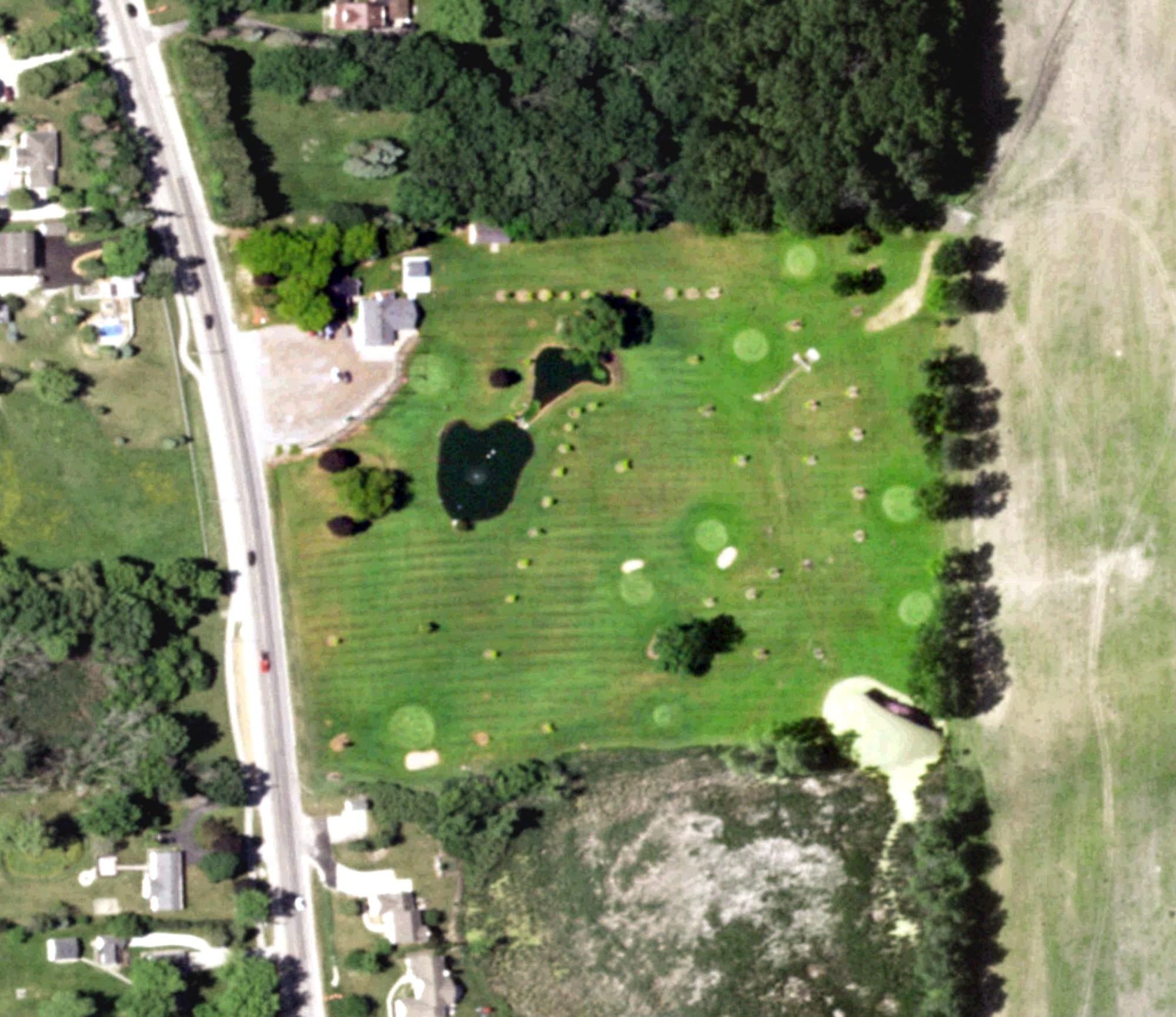 Aerial view of Valley Green Par 3 Course, WI, with its hole routing marked