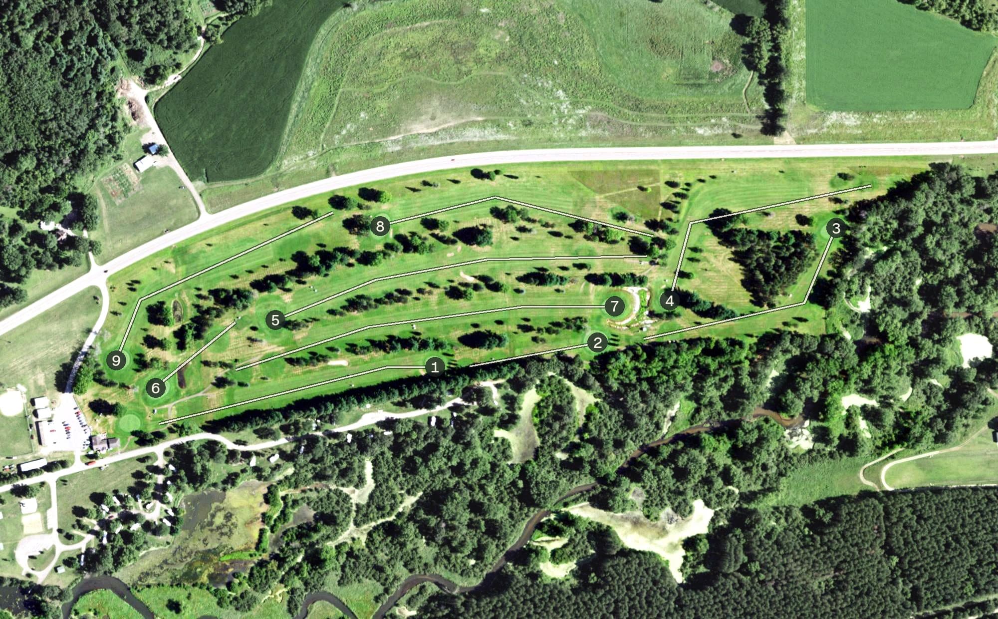 Aerial view of Viking Golf Course, WI, with its hole routing marked
