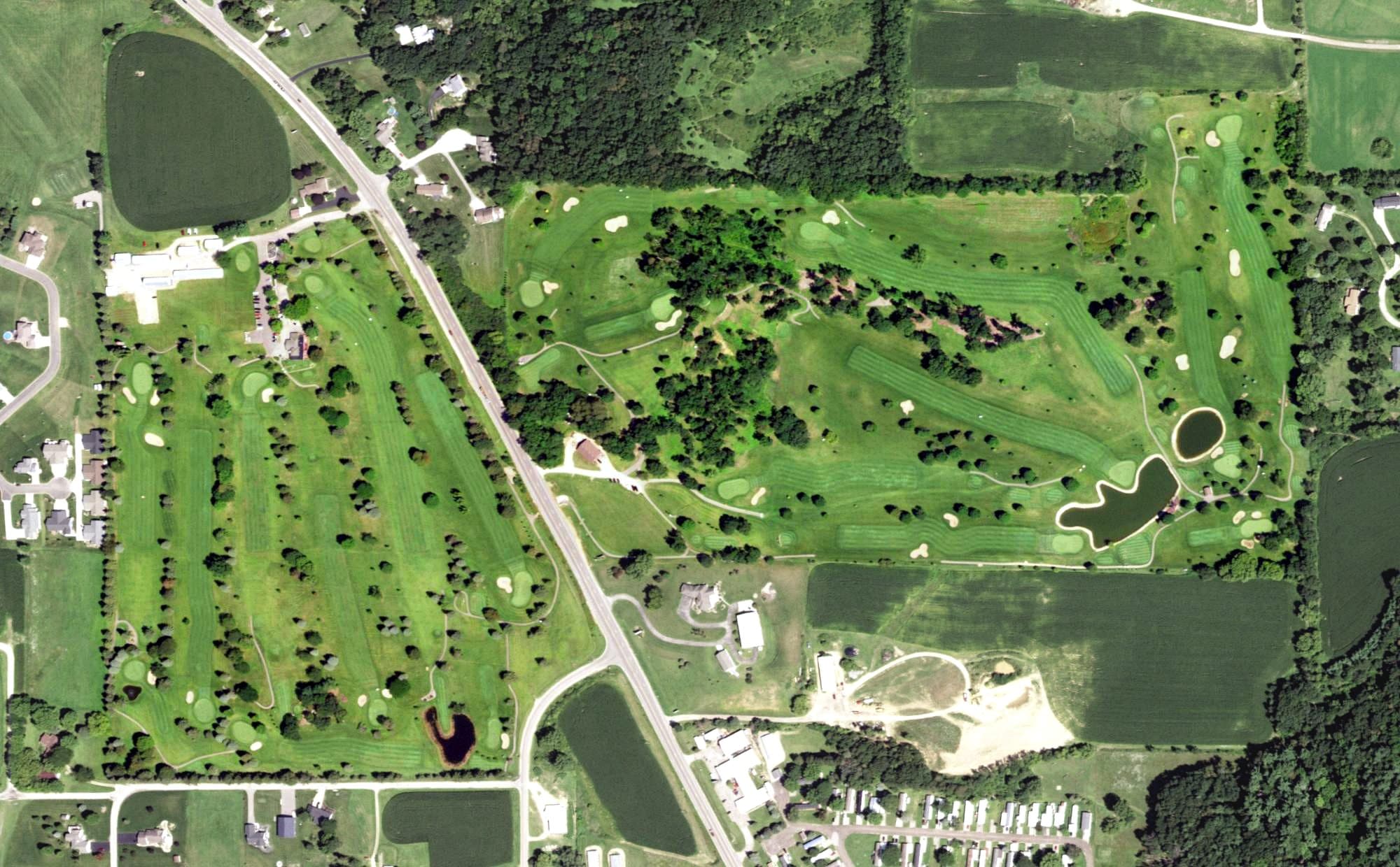 Aerial view of Viroqua Hills Golf Course, WI, with its hole routing marked