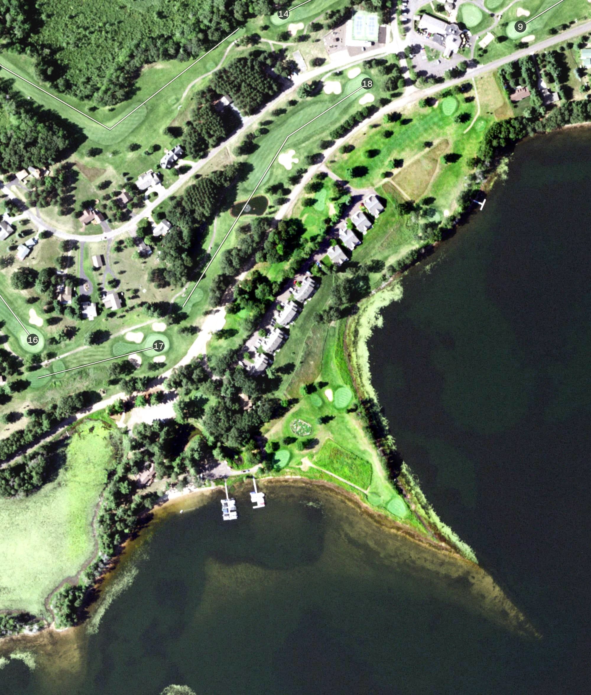 Aerial view of Voyager Village Par 3, WI, with its hole routing marked
